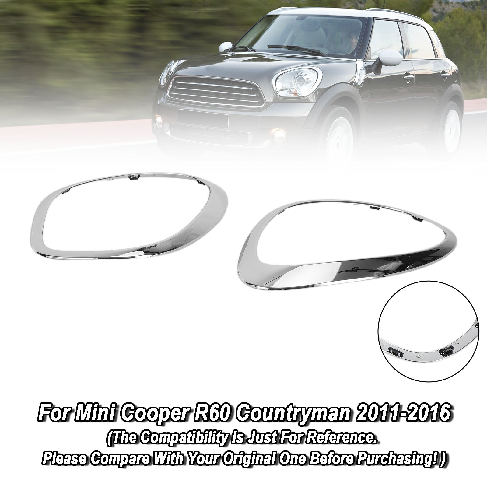 2011-2016 Mini Cooper R60 Countryman Chrome Headlight Trim Ring Bezels 2pcs