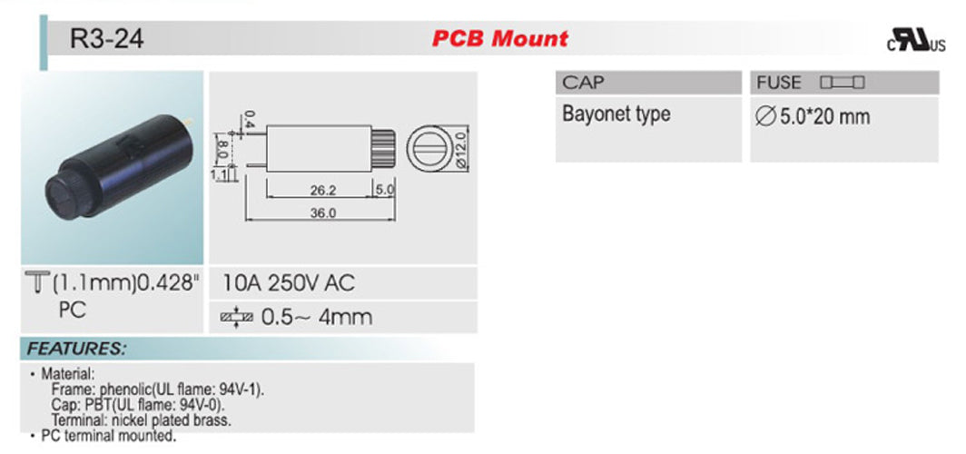 Porte-fusible PCB vertical SCI R3-24, 2 pièces, pour fusibles en verre 5x20mm, 10A 250V