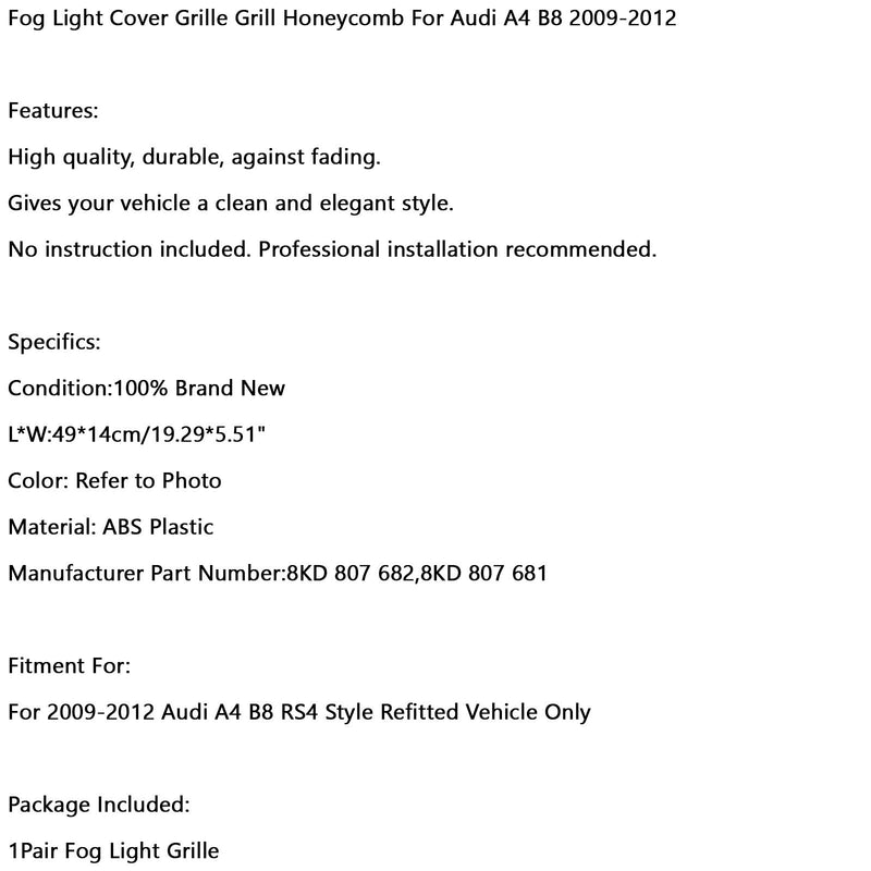 Pair Honeycomb Mesh Fog Light Open Vent Grill Intake Fit Audi A4 B8 2009-2012 Generic