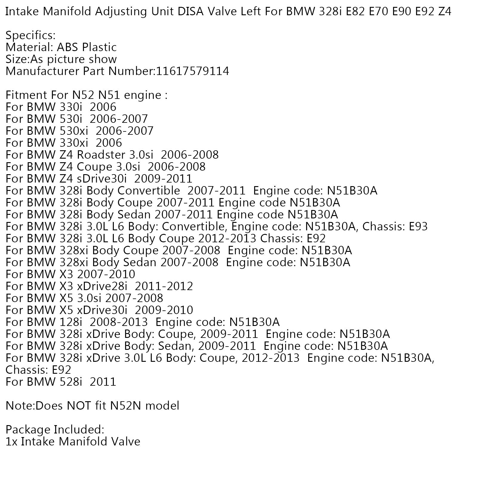 Unité de réglage du collecteur d'admission, Valve DISA gauche pour BMW 328i E82 E70 E90 E92 Z4 générique