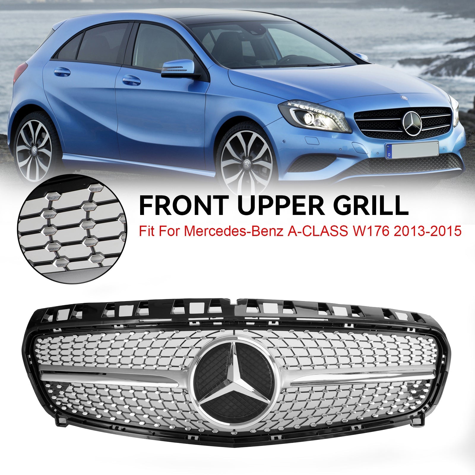 2013-2015 A CLASS W176 Mercedes Benz Front Bumper Grille Grill Black/Chrome