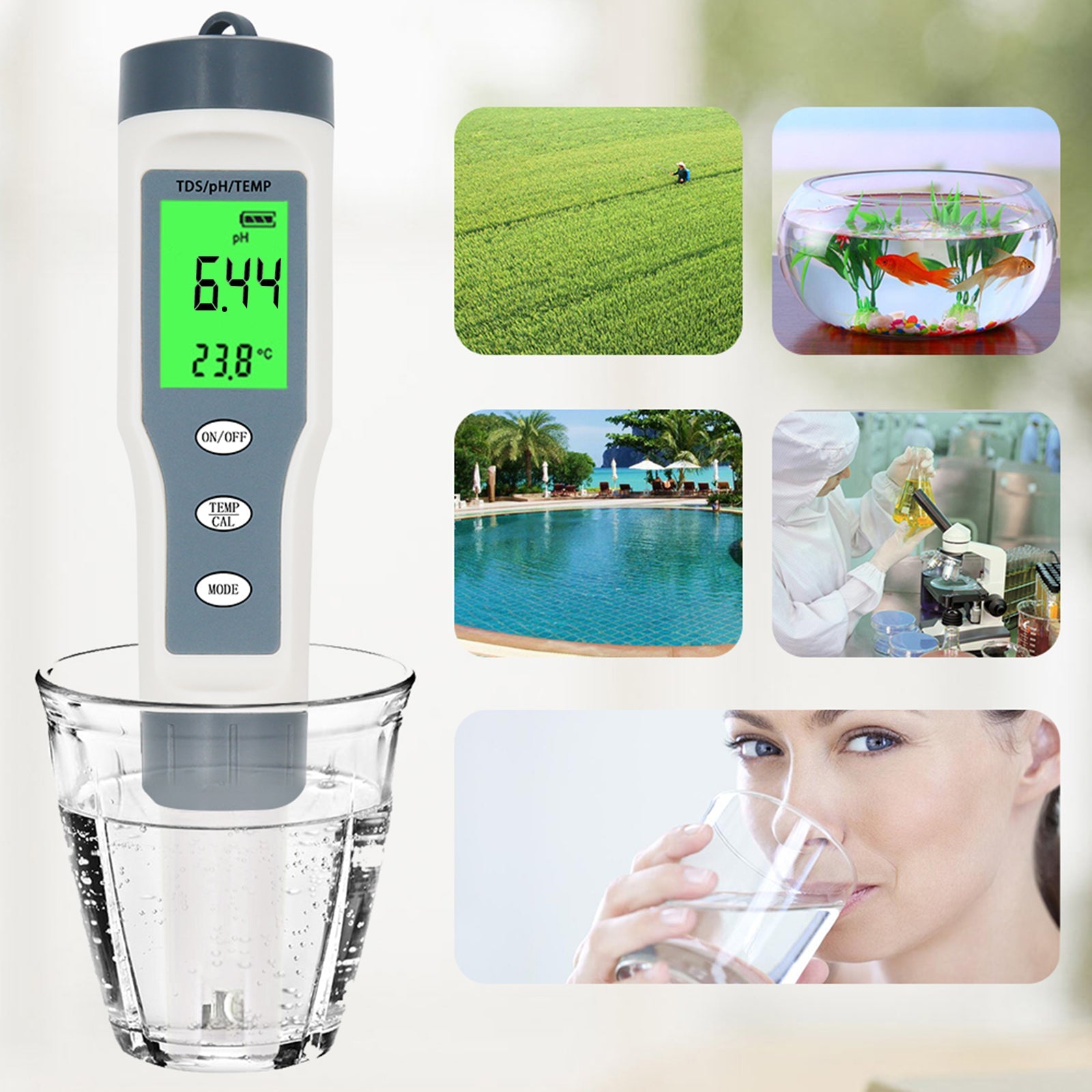 3 In 1 Digital PH TDS TEMP Water Quality Meter Tester Test Pen Tool Low power protection Waterproof