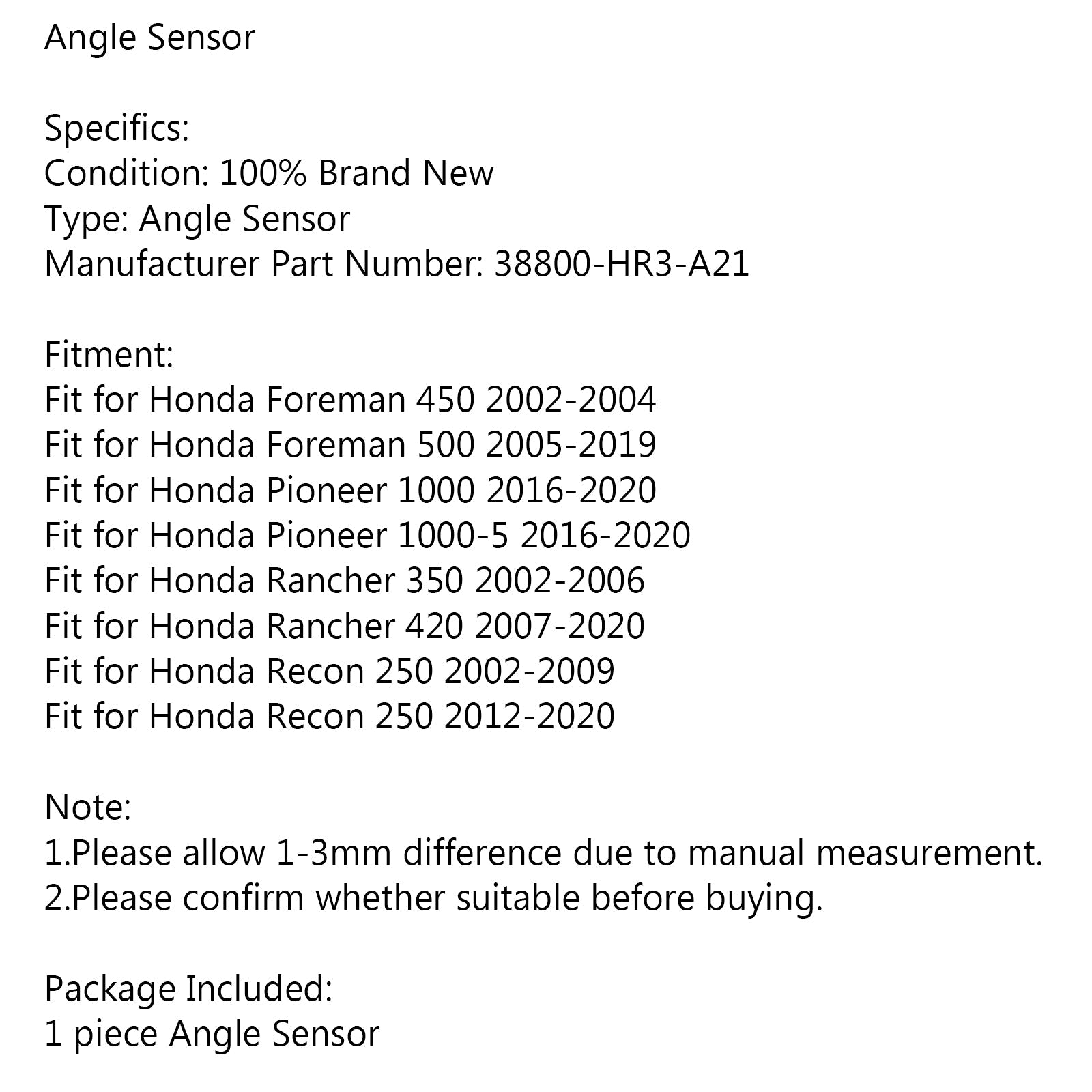 Hoeksensor geschikt voor Honda Foreman 450 500 Rancher 350 Recon 250 38800-HR3-A21 Generiek