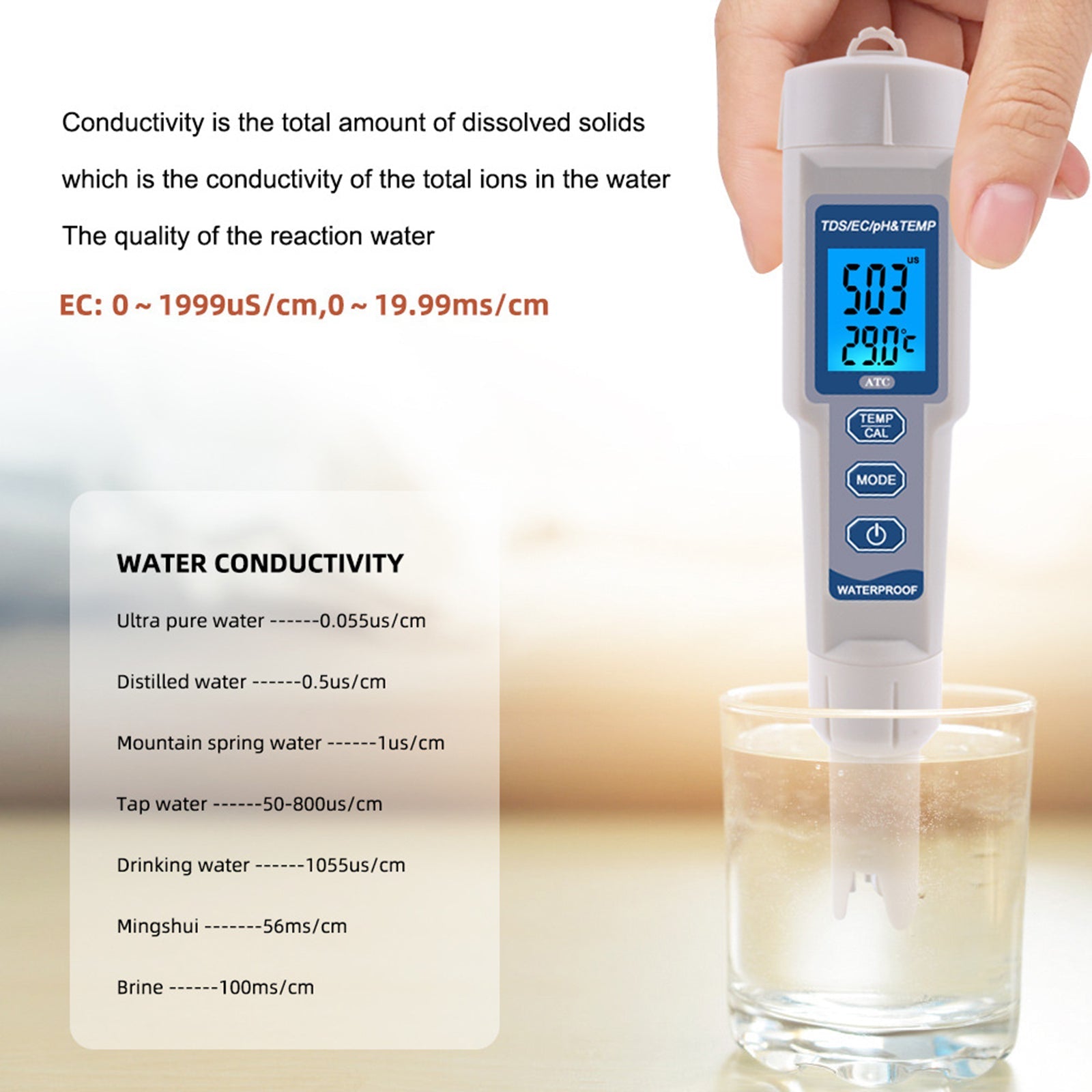 4In1 PH/TDS/EC/compteur de température numérique moniteur de qualité de l'eau testeur outil de Test