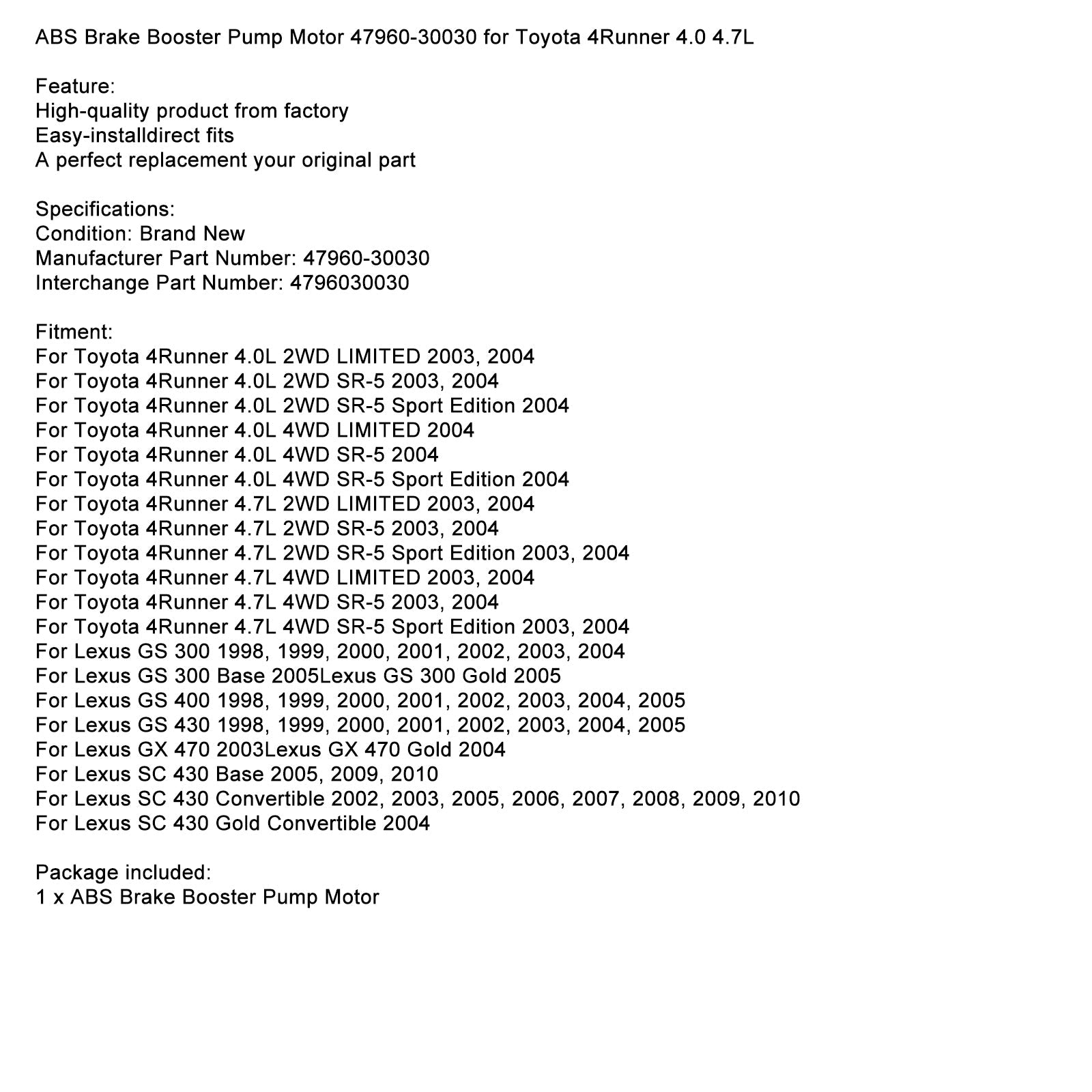 Lexus SC 430 Convertible 2002, 2003, 2005-2010 ABS rembekrachtigerpompmotor 47960-30030 Fedex Express