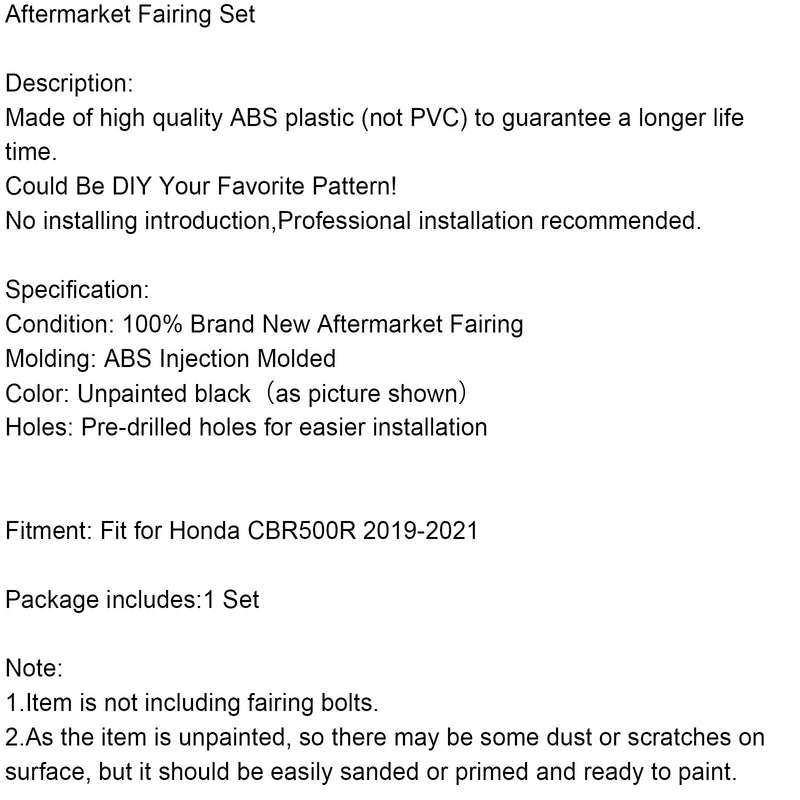 Honda CBR500R 2019-2021 Fairing Kit Injection Molding Unpainted Bodywork Generic