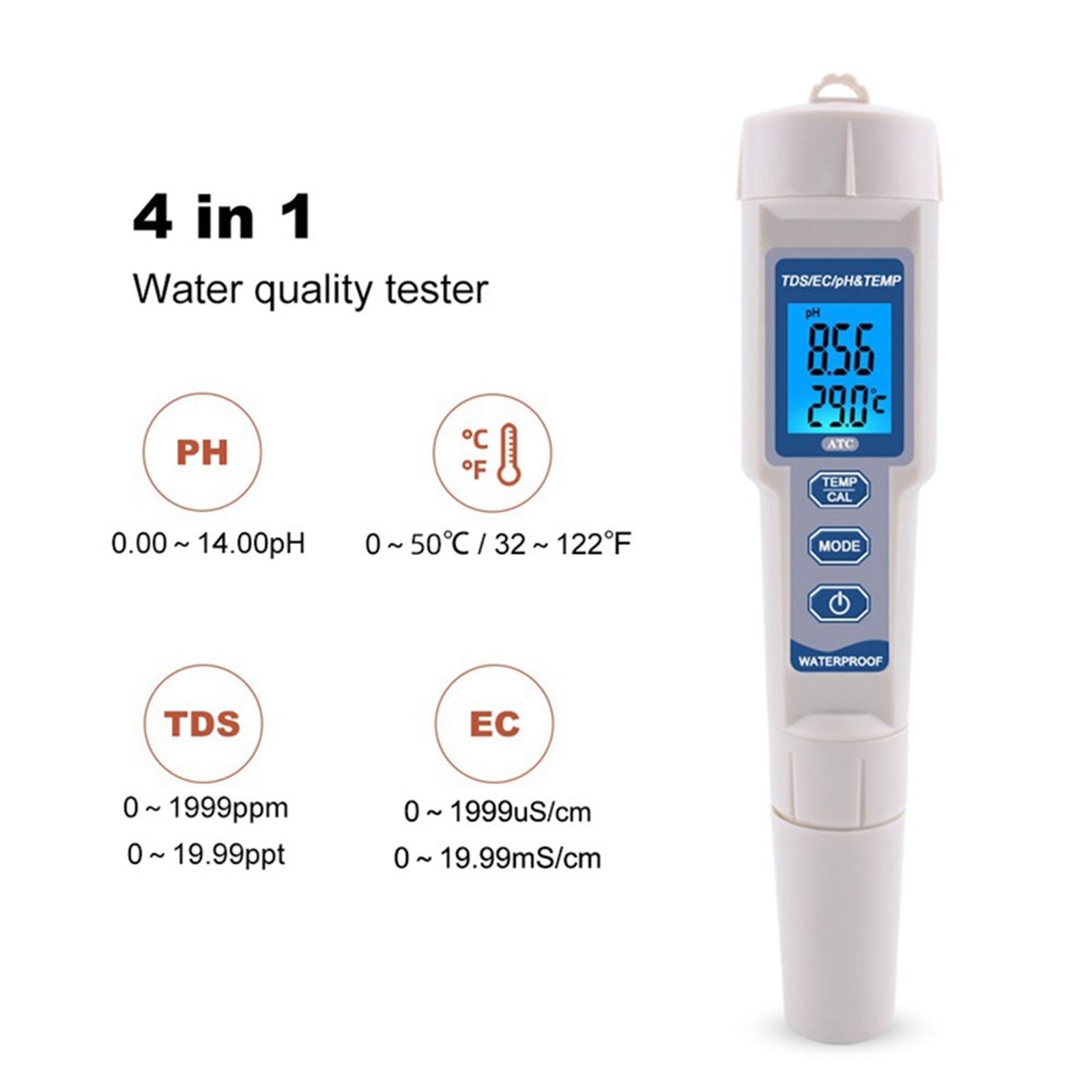 4In1 PH/TDS/EC/Temperatuurmeter Digitale waterkwaliteitsmonitor Tester Testtool