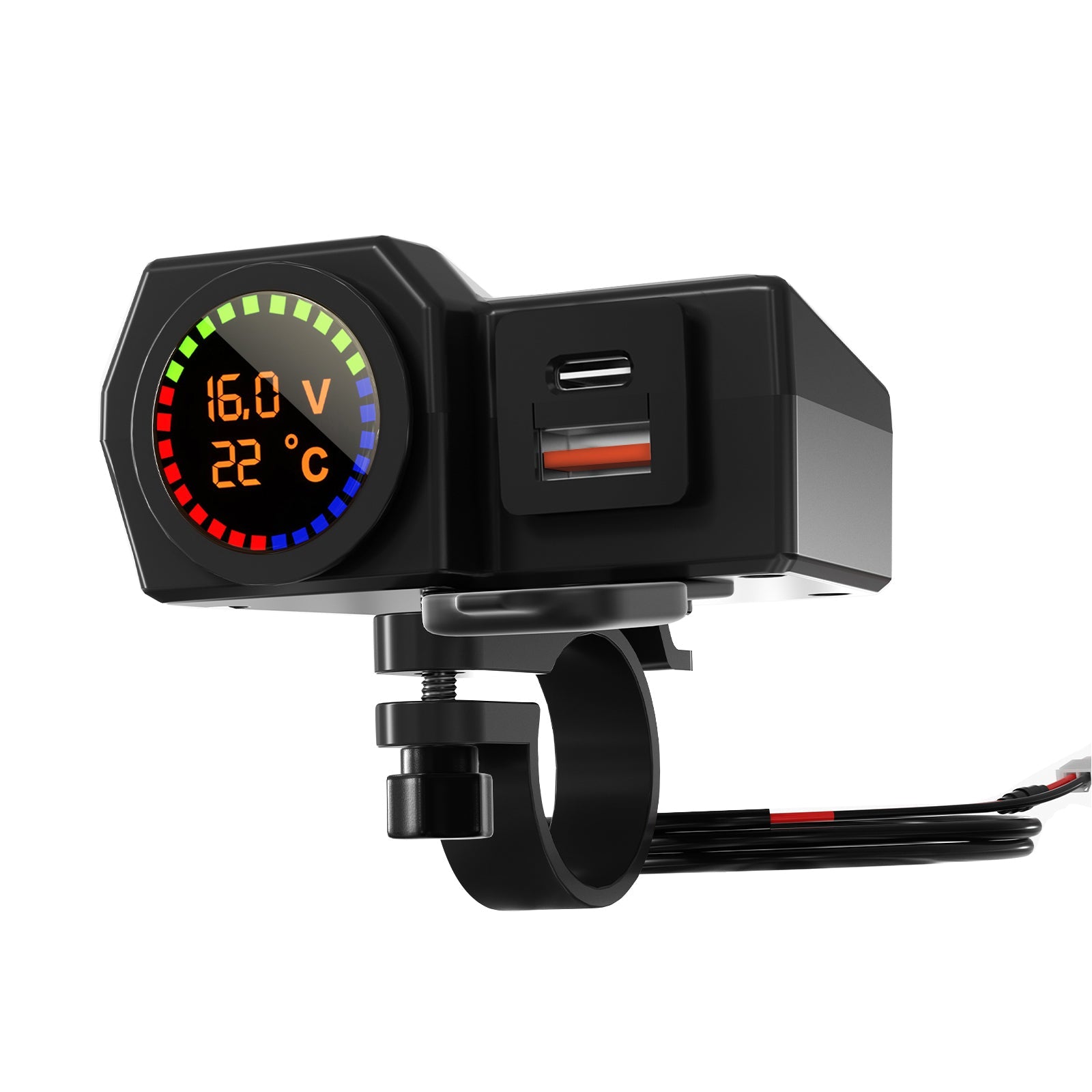 Qc3.0 Voltmeter Telefoonoplader Beugel Temperatuurmeter voor motorfiets-scooter Zwart Generiek