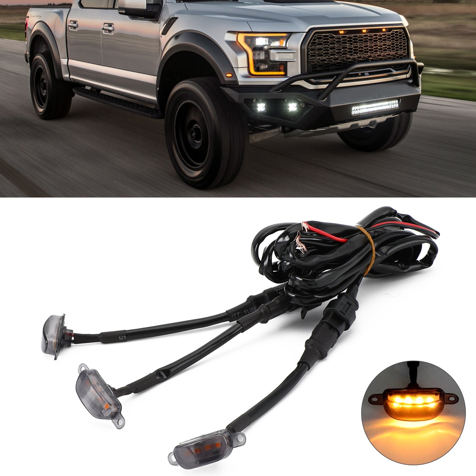 3pcs Smoked Lens Amber LED Lamp Raptor Front Grille Running Light fit Ford F-150 Generic