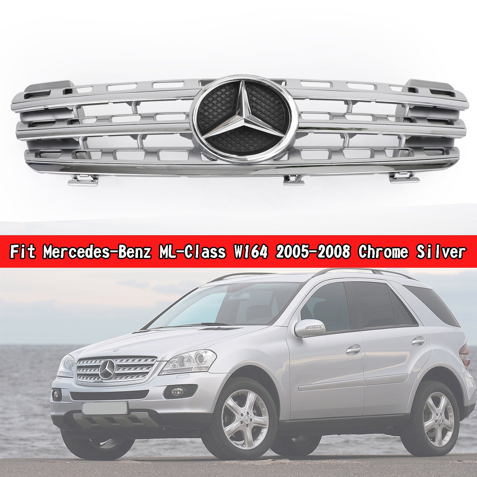 2005-2008 Benz ML Class W164 AMG Style Front Grille Grill Chrome Silver Generic