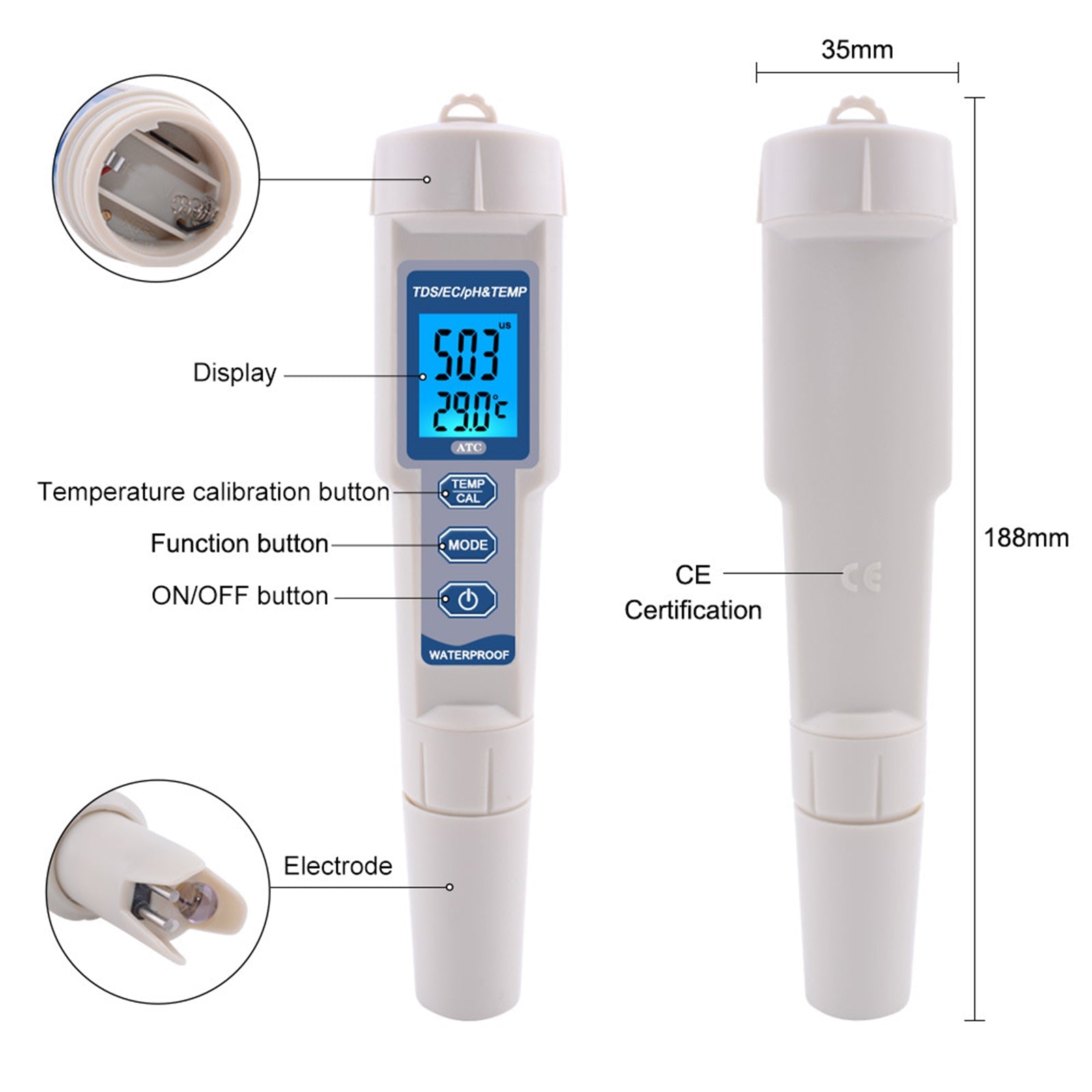 4In1 PH/TDS/EC/compteur de température numérique moniteur de qualité de l'eau testeur outil de Test