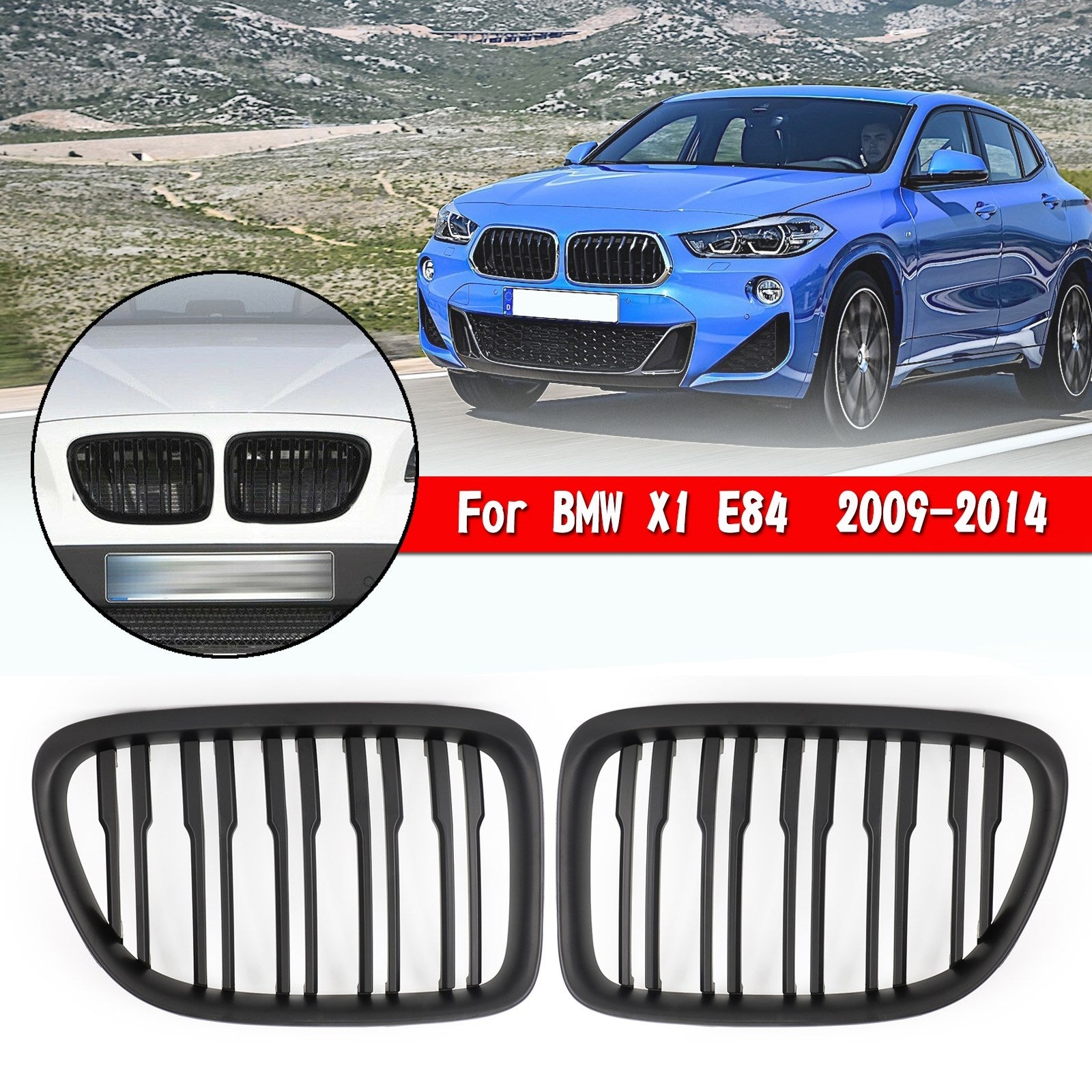 2009-2014 BMW X1 E84 Dual Slats Front Hood Kidney Grill Grille Matt Black/Gloss Black 51112993305 51112993306 51112993307 51112993308 51117347669 51117347670 Generic