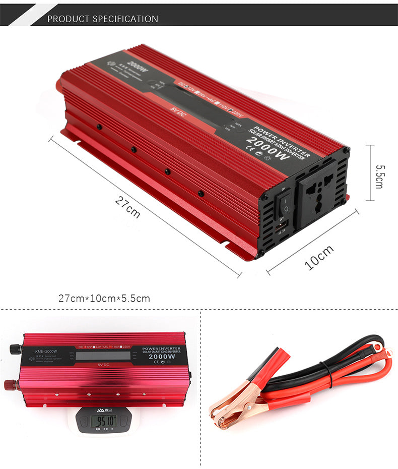 Convertisseur de puissance de voiture, onduleur DC 12V à AC 220V, transformateur LCD 2000W, affichage LED