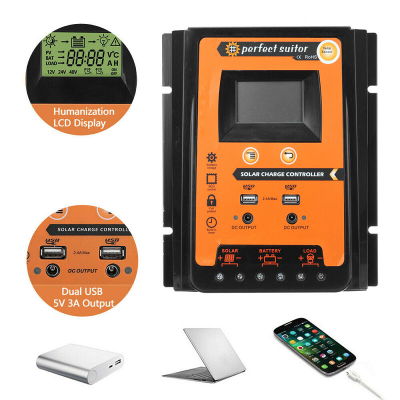 12/24V 50A Solar Charge Controller Panel Battery Regulator Dual USB