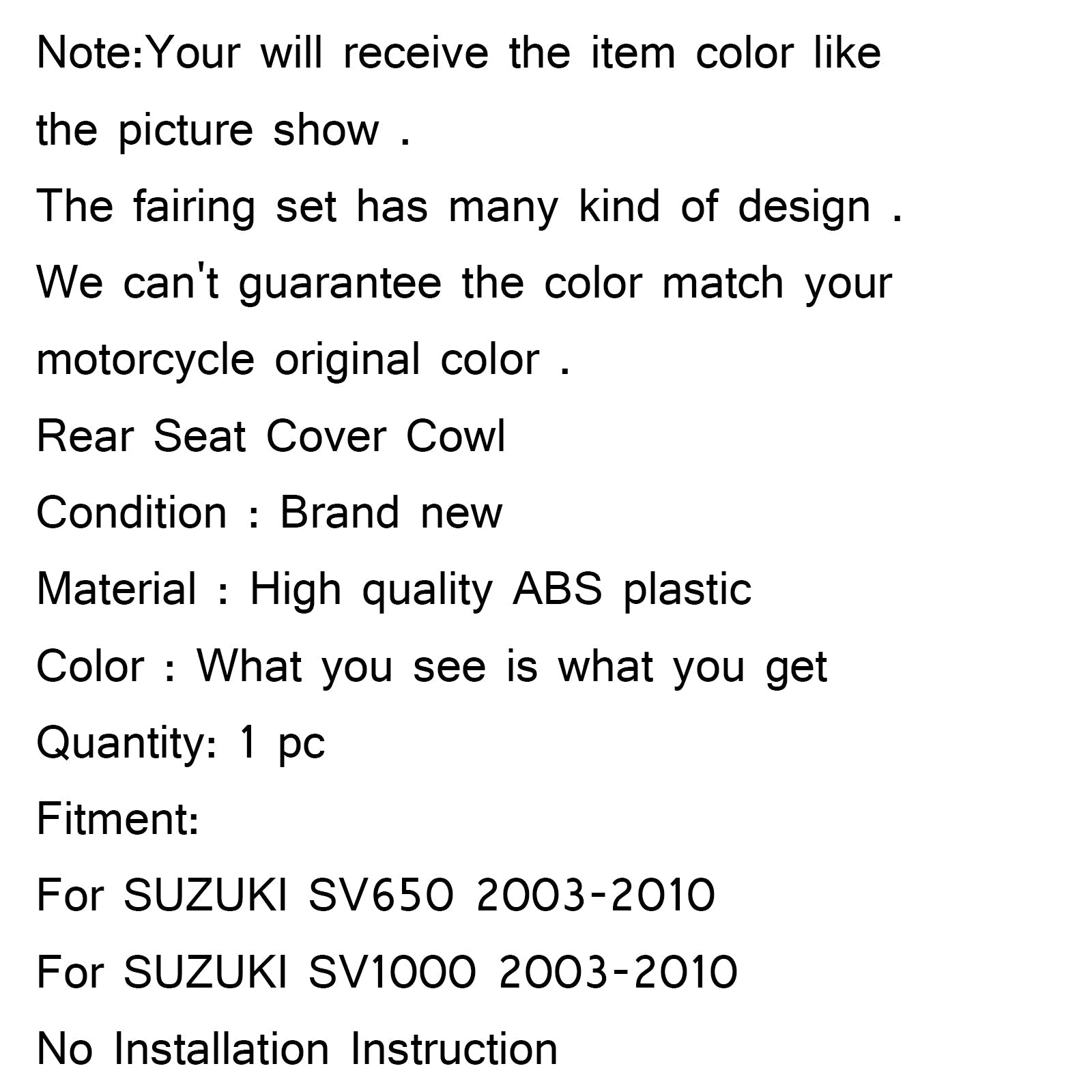 Capot de couverture de siège de passager arrière, pour SUZUKI SV650 SV1000 (03-13), 7 couleurs génériques