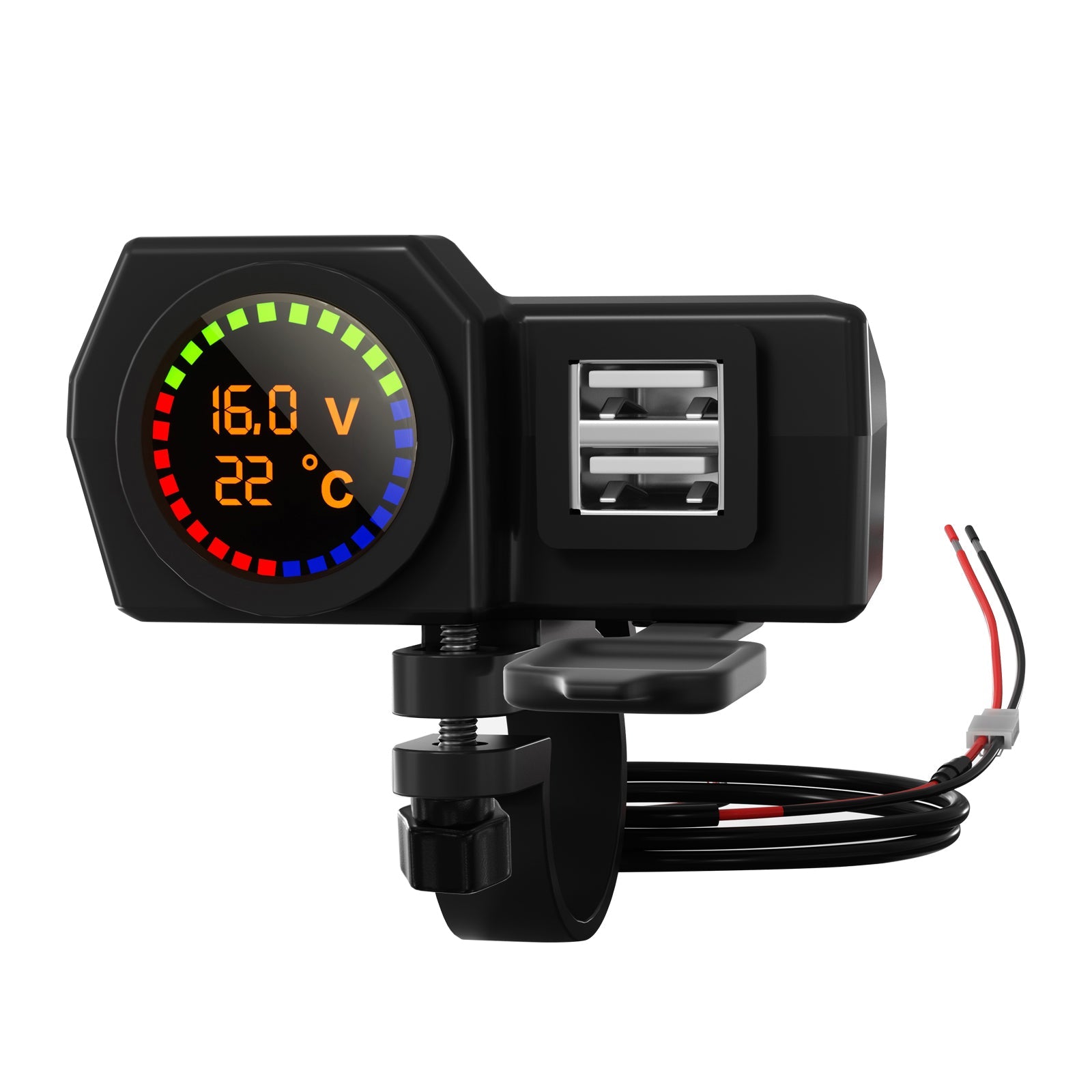 Qc3.0 Voltmeter Telefoonoplader Beugel Temperatuurmeter voor motorfiets-scooter Zwart Generiek