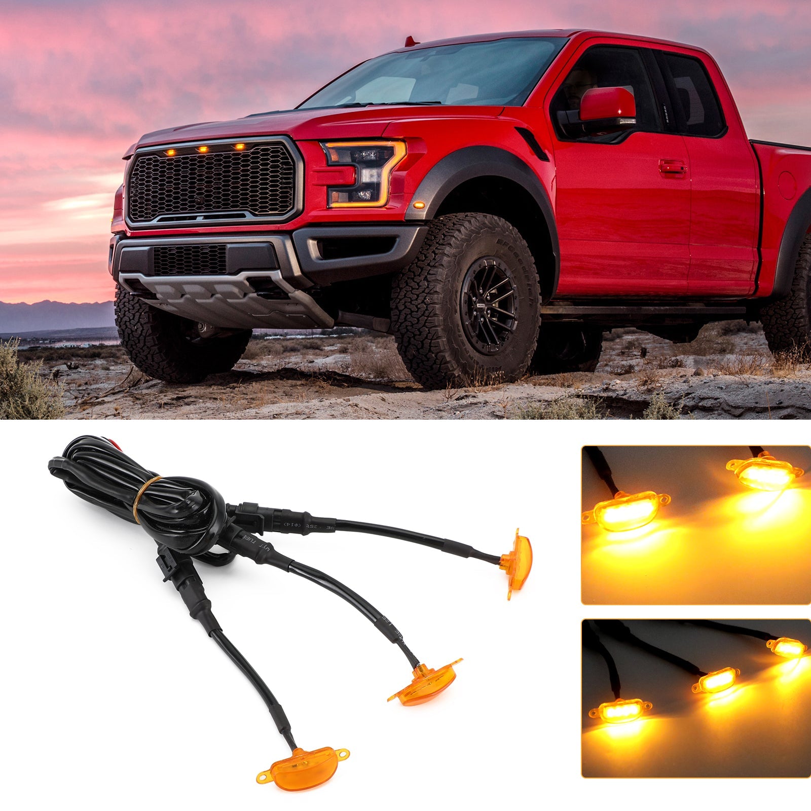 3pcs Amber Lens Amber LED Lamp Raptor Front Grille Running Light fit Ford F-150 Generic