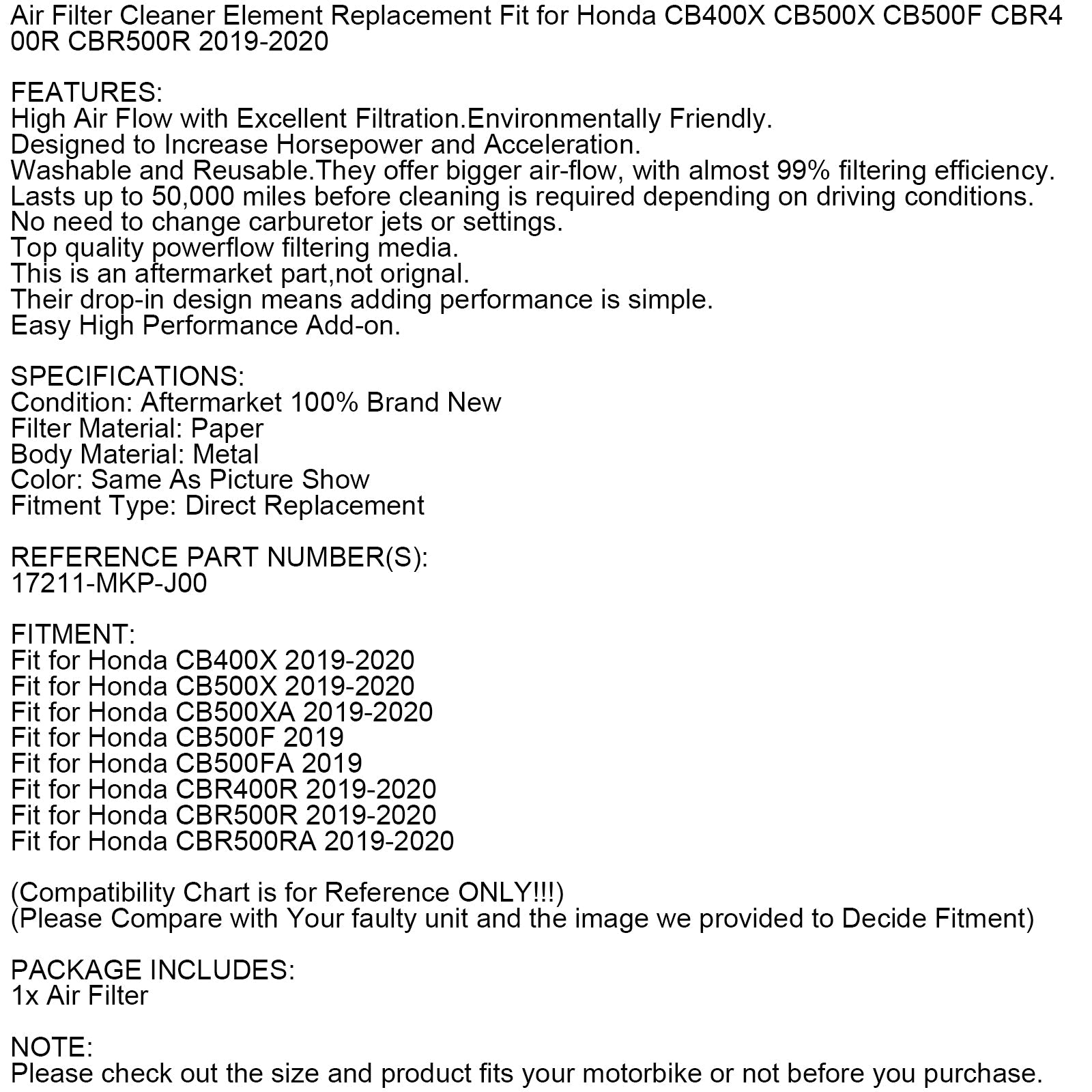 Remplacement du filtre à AIR adapté pour Honda CB400X CB500 X/F CBR400R CBR500R 2019-2020 générique