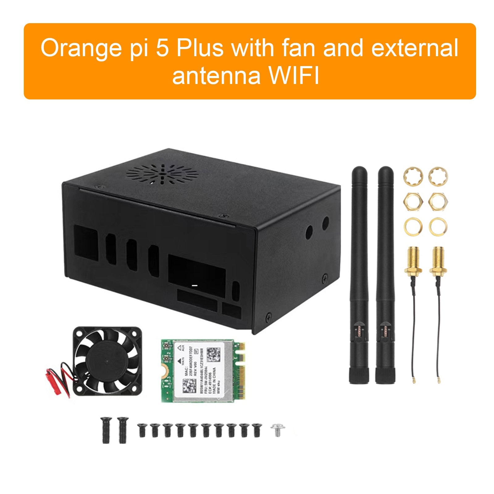 Boîtier de refroidissement en métal pour Orange pi 5 Plus, avec ventilateur et antenne externe WIFI