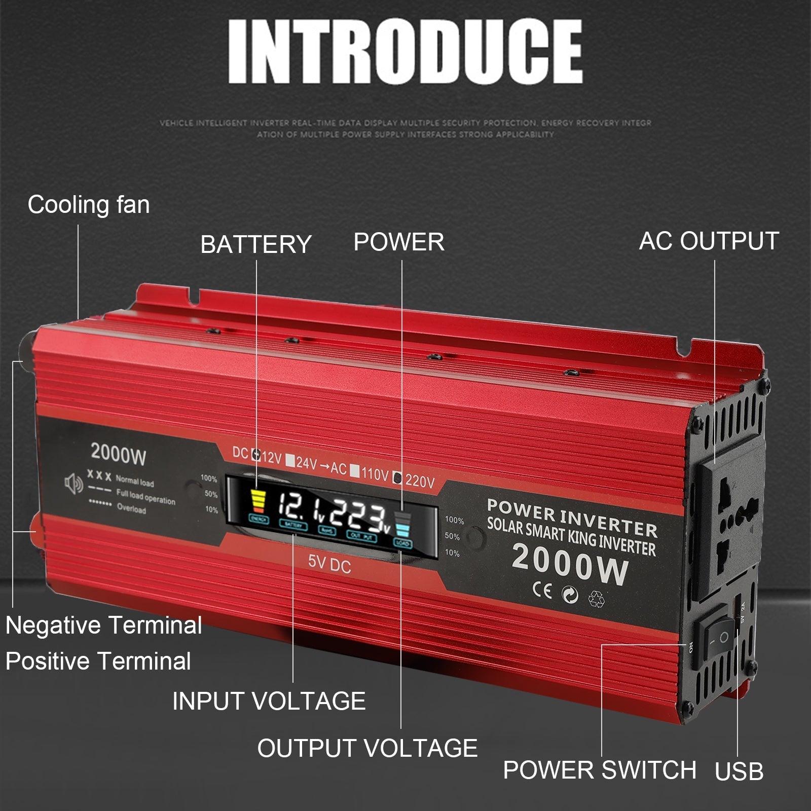 Convertisseur de puissance de voiture, onduleur DC 12V à AC 220V, transformateur LCD 2000W, affichage LED