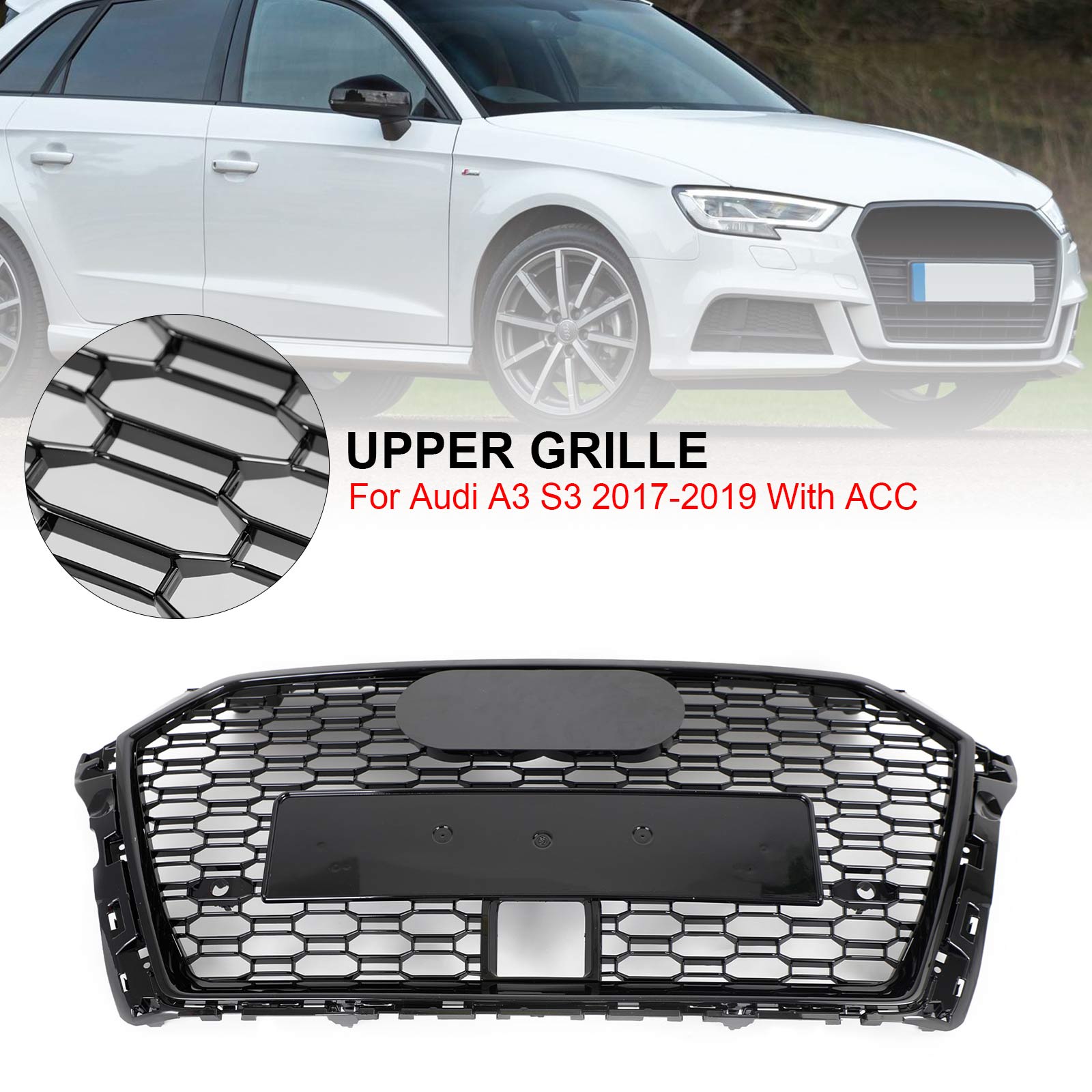 2017-2019 Audi A3 S3 RS3 Style Honeycomb Front Grille With ACC Gloss Black