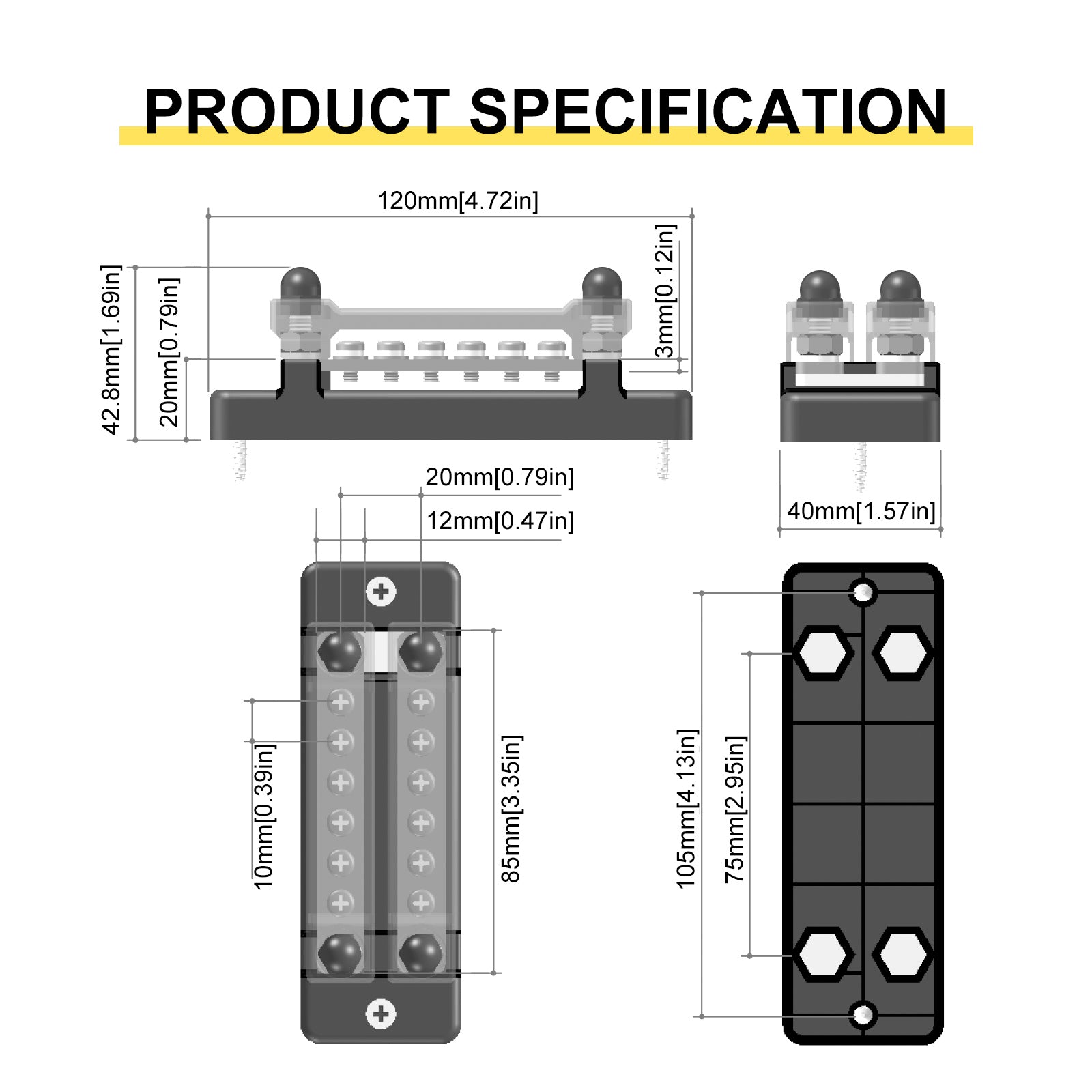 2/4/6/12 Way Dual-row Car Bus Bar Block with Dust Cover Distribution Terminal