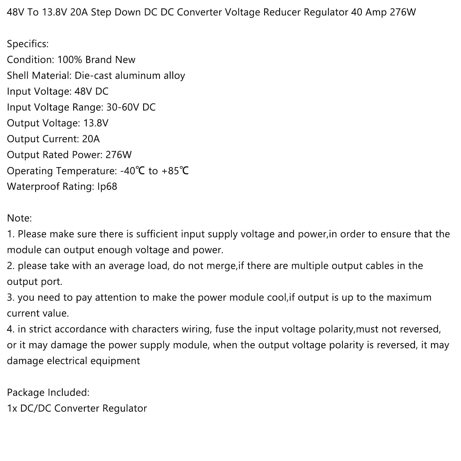 Régulateur de convertisseur de puissance abaisseur DC/DC étanche 48V à 13.8V 20A 276W