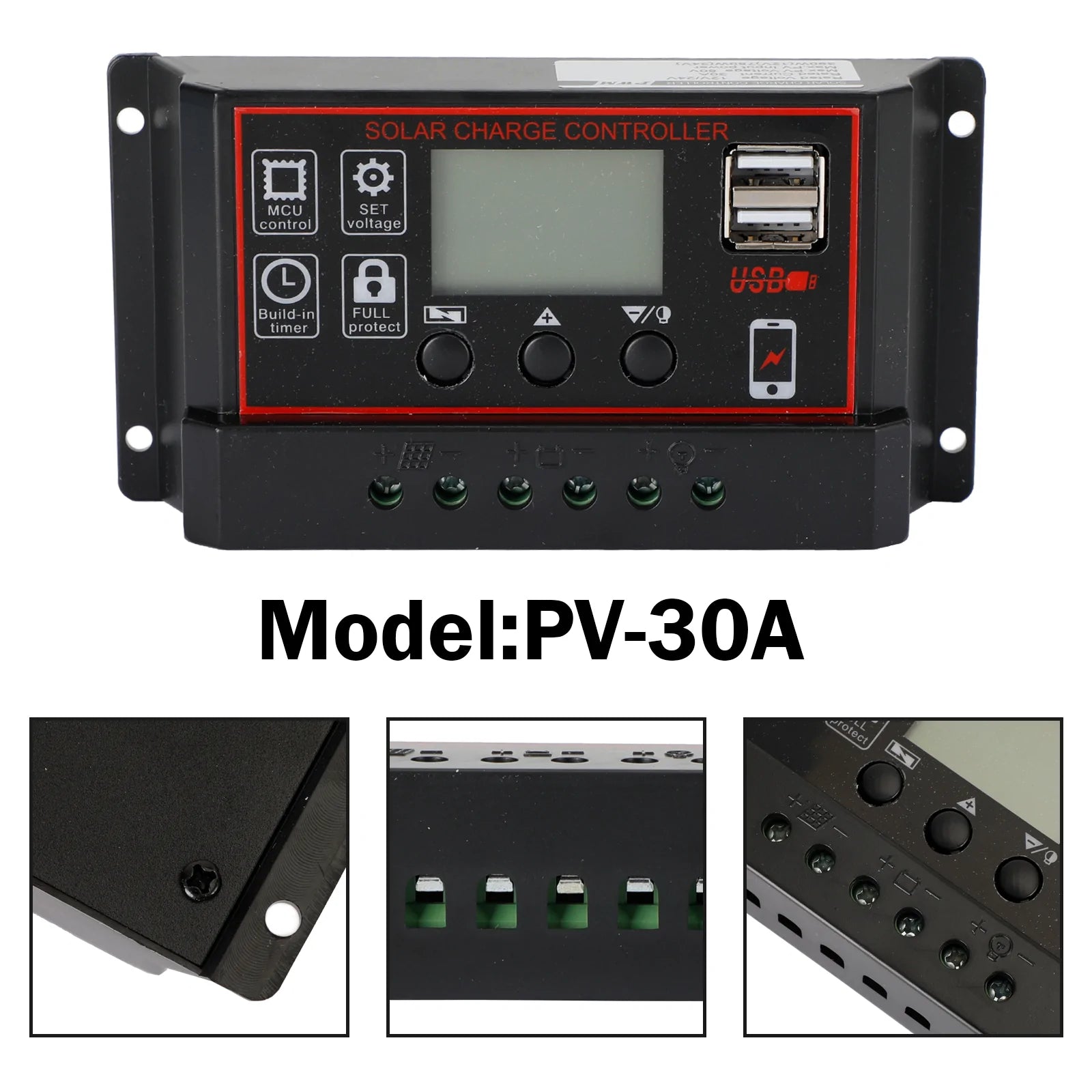 Régulateur de Charge de panneau solaire 10A/20A/30A, PWM LCD, double USB 12V/24V