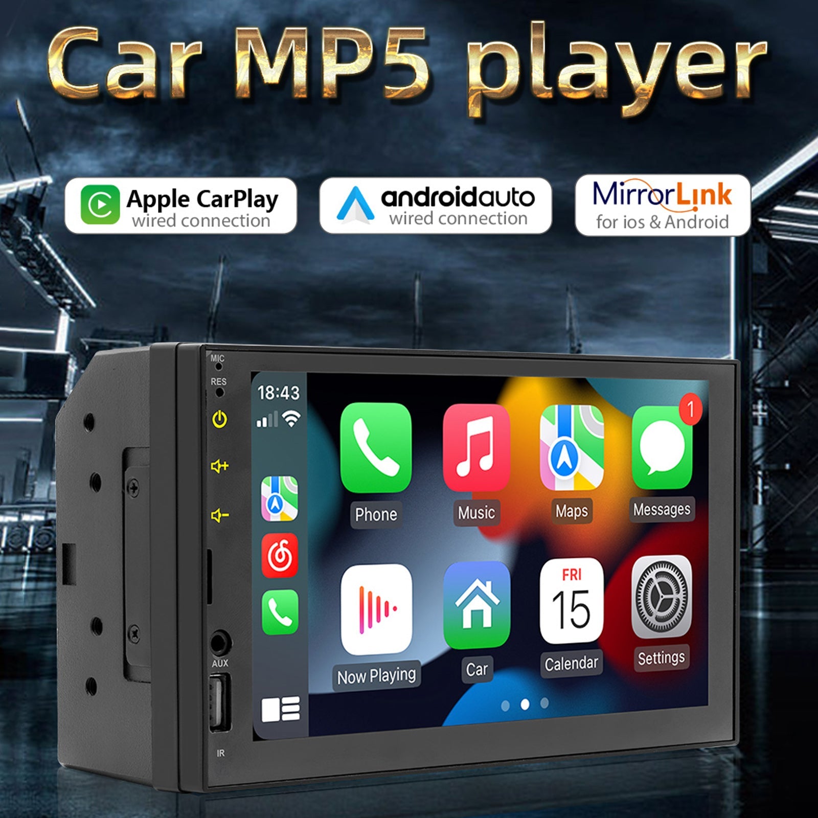 7 "Bekabelde Carplay Auto MP5-speler Bluetooth MP3 Autokaartradio + 4 LED-camera