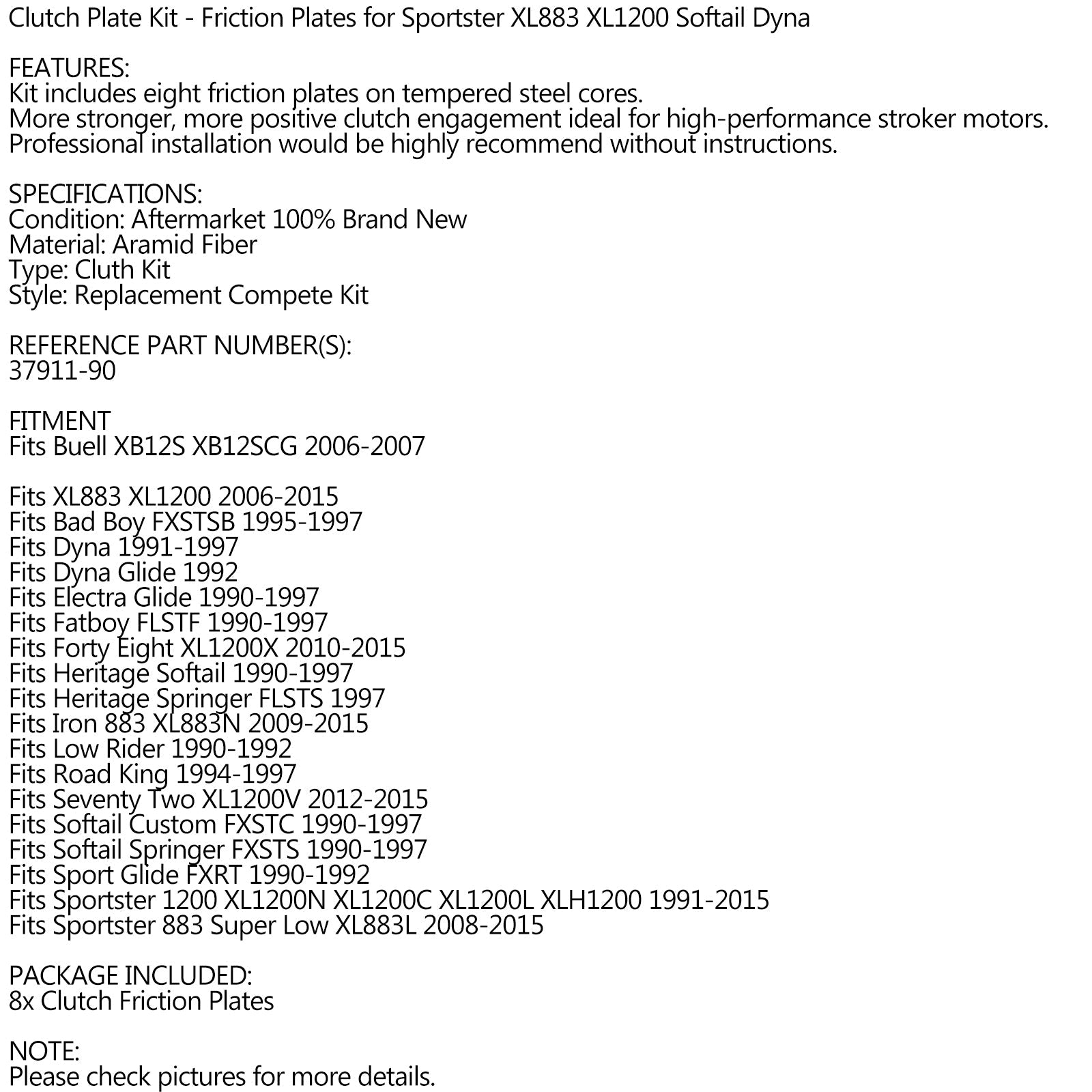 Clutch Friction Plate Kit Set For Sportster XL883 XL1200 Softail Dyna Generic