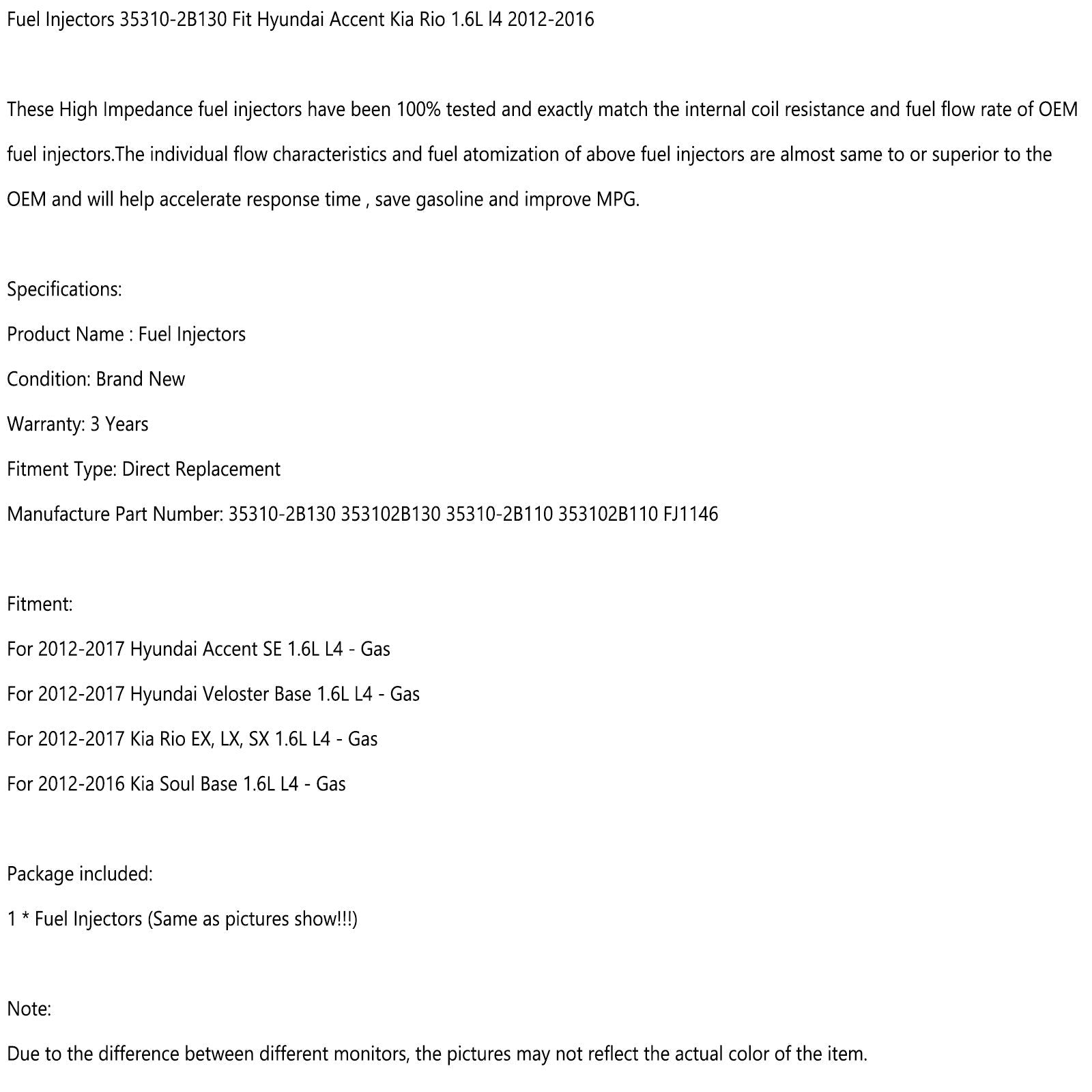 1PCS Fuel Injectors 35310-2B130 Fit Hyundai Accent Kia Rio 1.6L l4 2012-2016