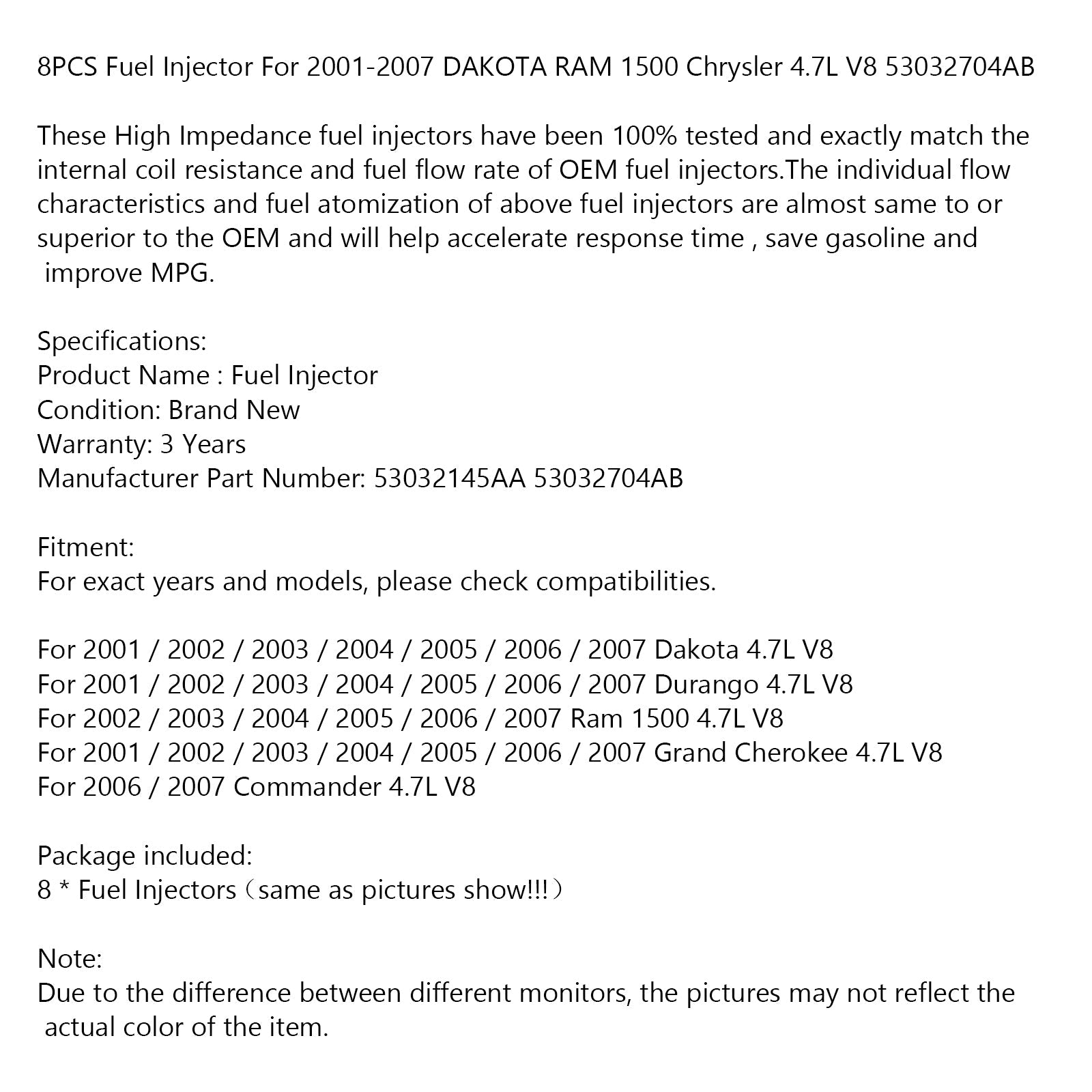 8 STK drivstoffinjektor for 2001-2007 DAKOTA RAM 1500 Chrysler 4.7L V8 53032704AB 53032145AA Generisk