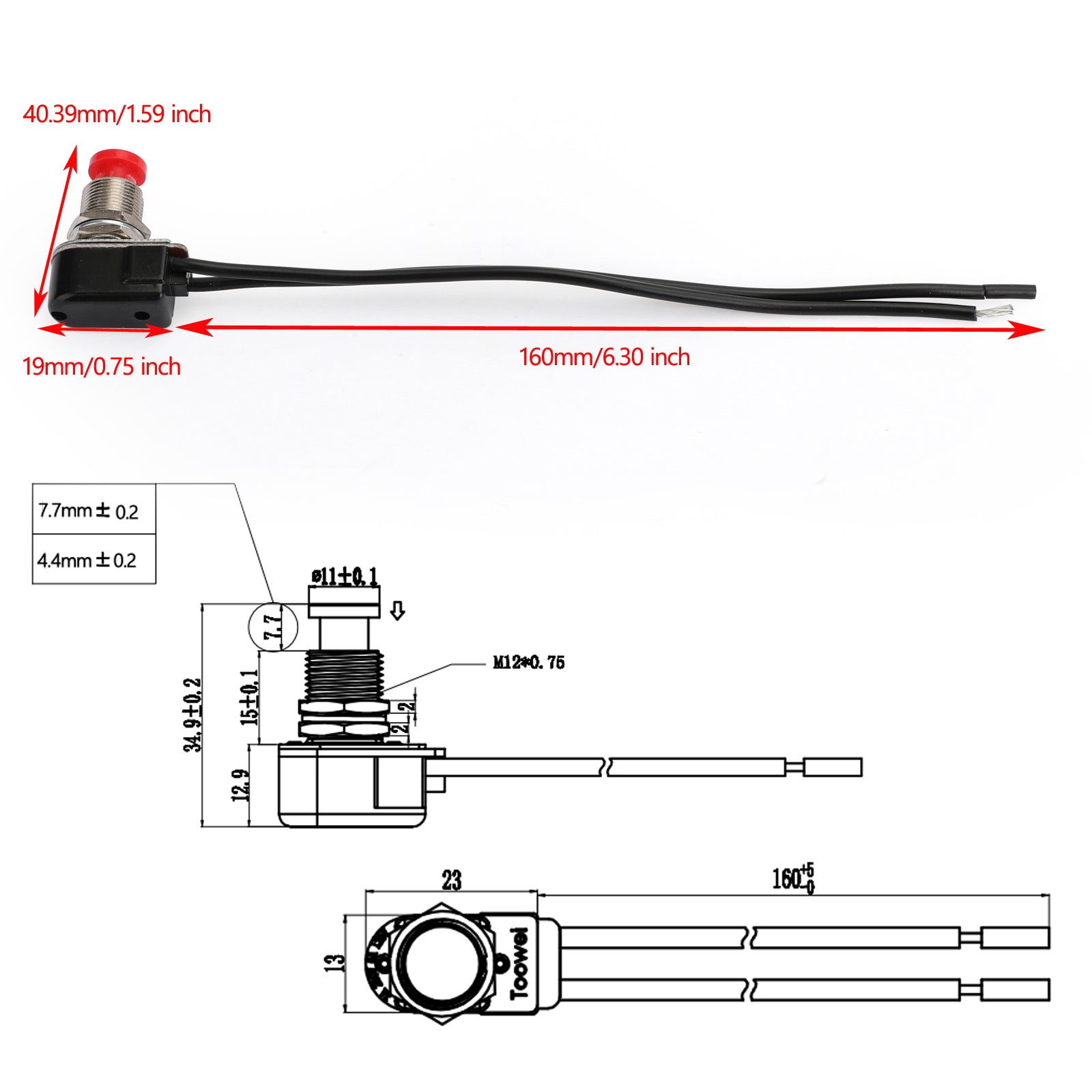 Interruptor de Reinicio de botón de reinicio automático momentáneo normalmente cerrado de 5 piezas con cable rojo