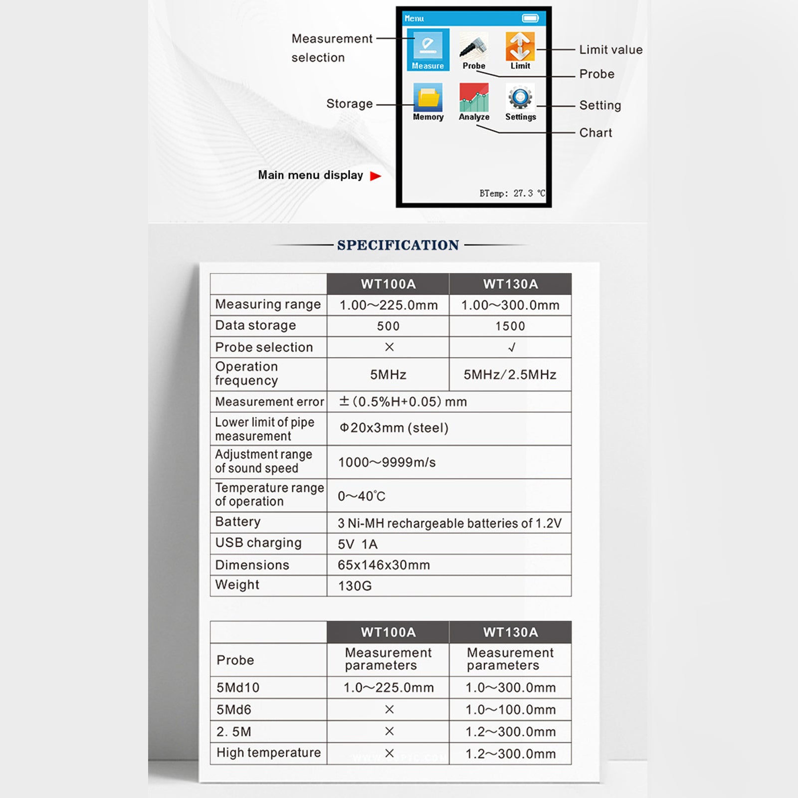 Outil de test LCD WT100A, capteur intelligent, jauge d'épaisseur ultrasonique, vitesse du son