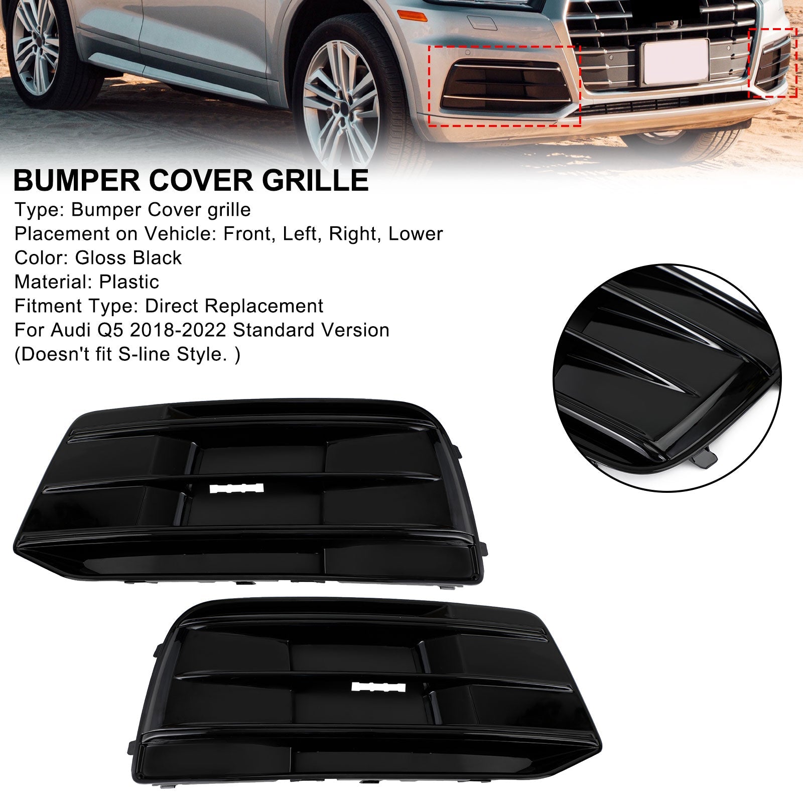 2 pièces Audi Q5 2018-2022 couverture de pare-chocs avant calandre lunette insert noir brillant