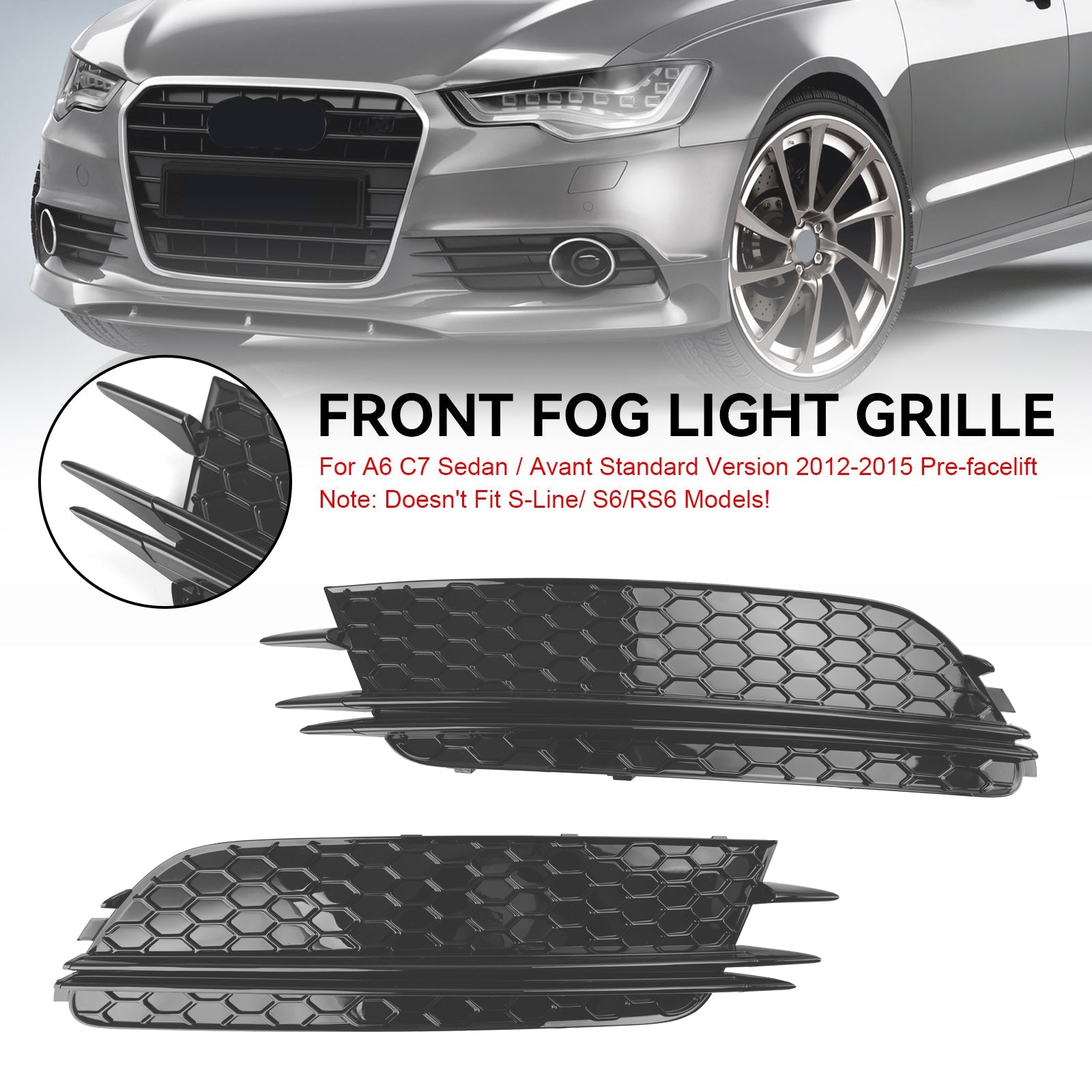 2PCS Front Fog Light Cover Bezel Grille Grill Fit Audi A6 4G C7 2012-2015