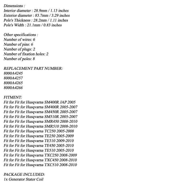 STATOR GENERATOR ALTERNATOR for HUSQVARNA TC TE SMR TXC 250 450 510 8000A4265 Generic