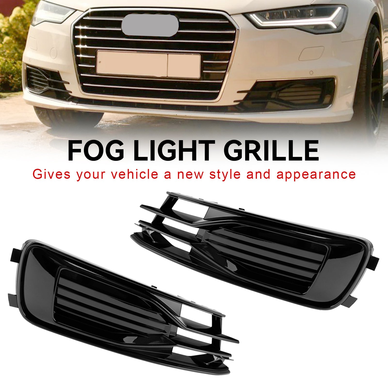 Audi A6 C7 2014-2018 2PCS Front Bumper Foglight Cover Grill Grille Black