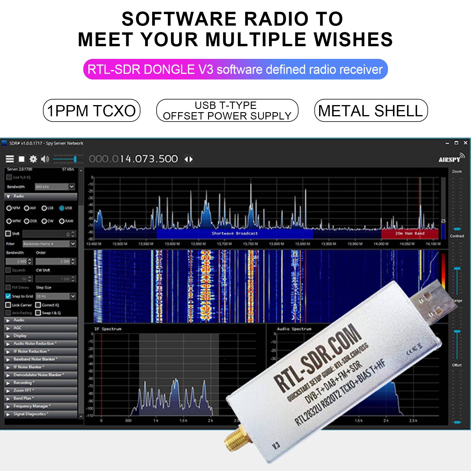 RTL-SDR Blog V3 RTL2832U 1PPM TCXO HF BiasT SMA Radio définie par logiciel R820T2