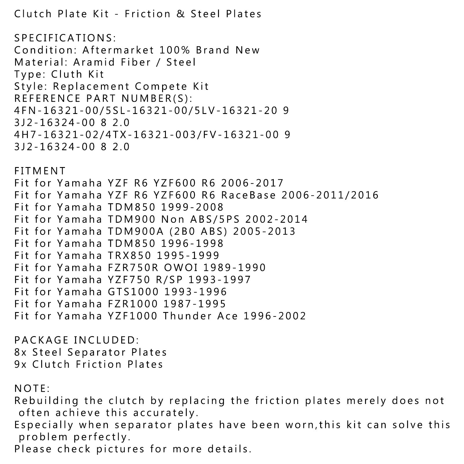 Clutchsett Stål og friksjonsplater passer for Yamaha R6 YZF600 TRX850 FZR1000 Generisk
