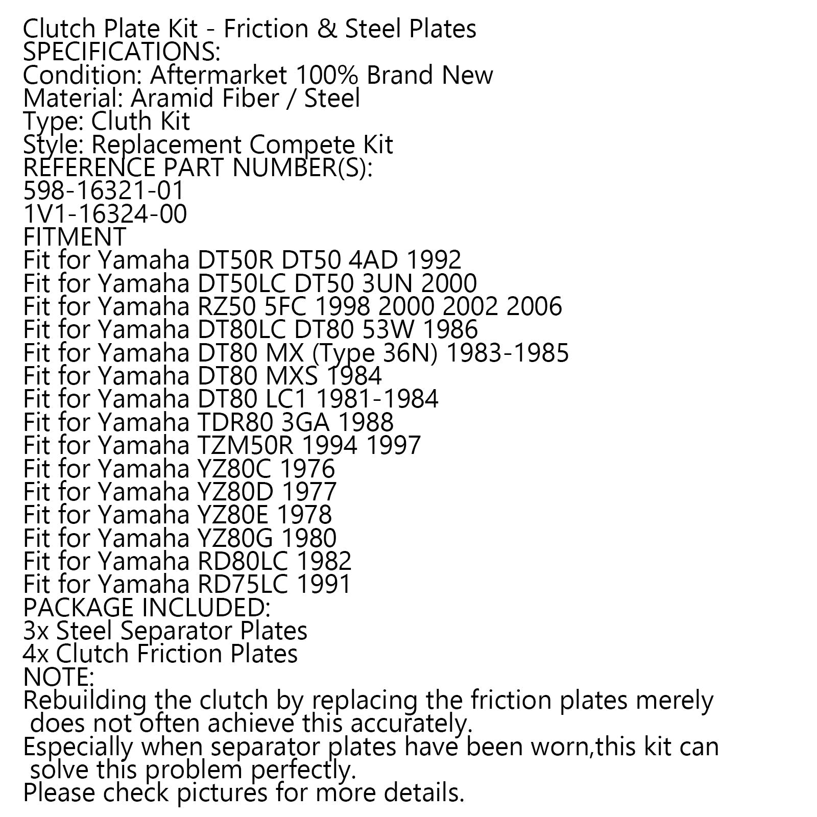 Kit d'embrayage en acier et plaques de Friction pour Yamaha DT50 RZ50 DT80 TDR80 YZ80 générique