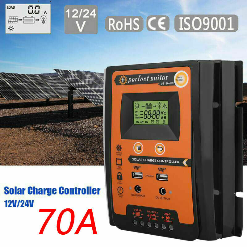 70A 12/24V Solar Charger Controller Panel Dual USB Regulator Battery