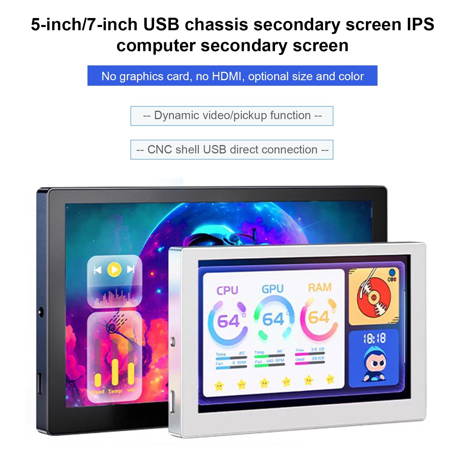 5/7-inch USB-computerbehuizing Secundair scherm IPS-tafelgemonteerd sfeerscherm