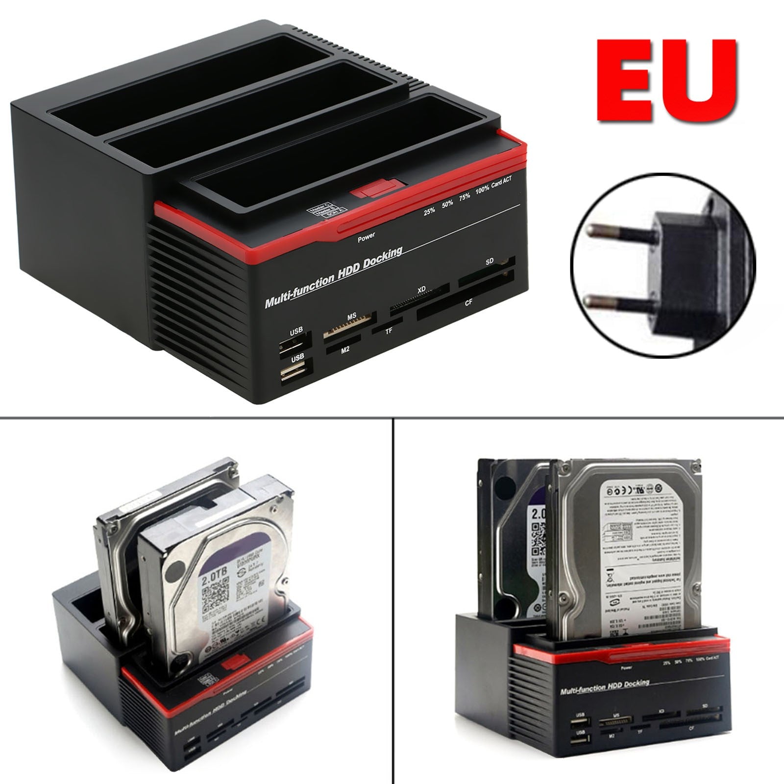 3 IDE SATA 2.5" 3.5" HDD Hard Drive Disk Clone Docking Station Card Reader EU