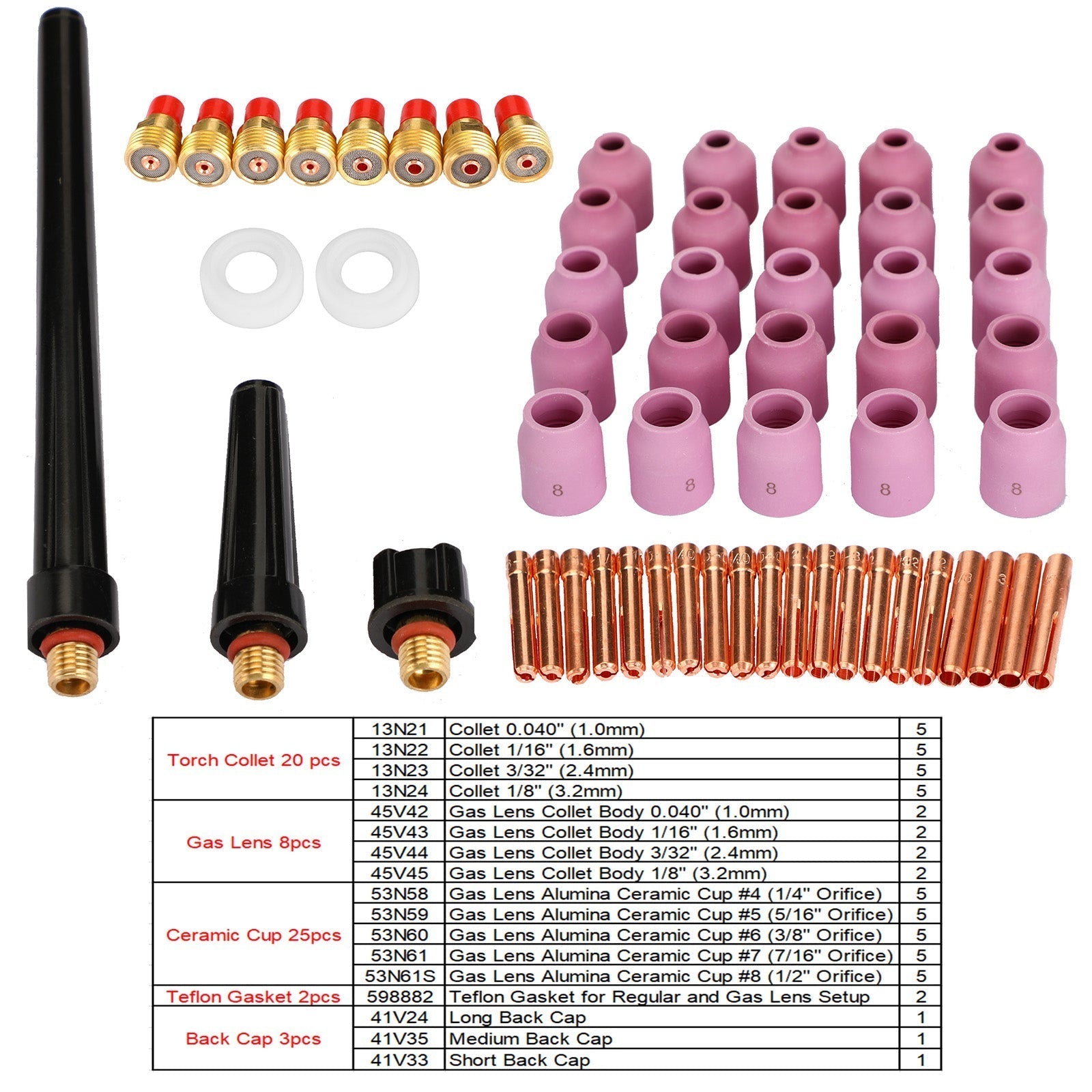 58 stk Tig-sveisebrenner Stubbet gasslinse forbruksvarer koppsett for Wp-9/20/25