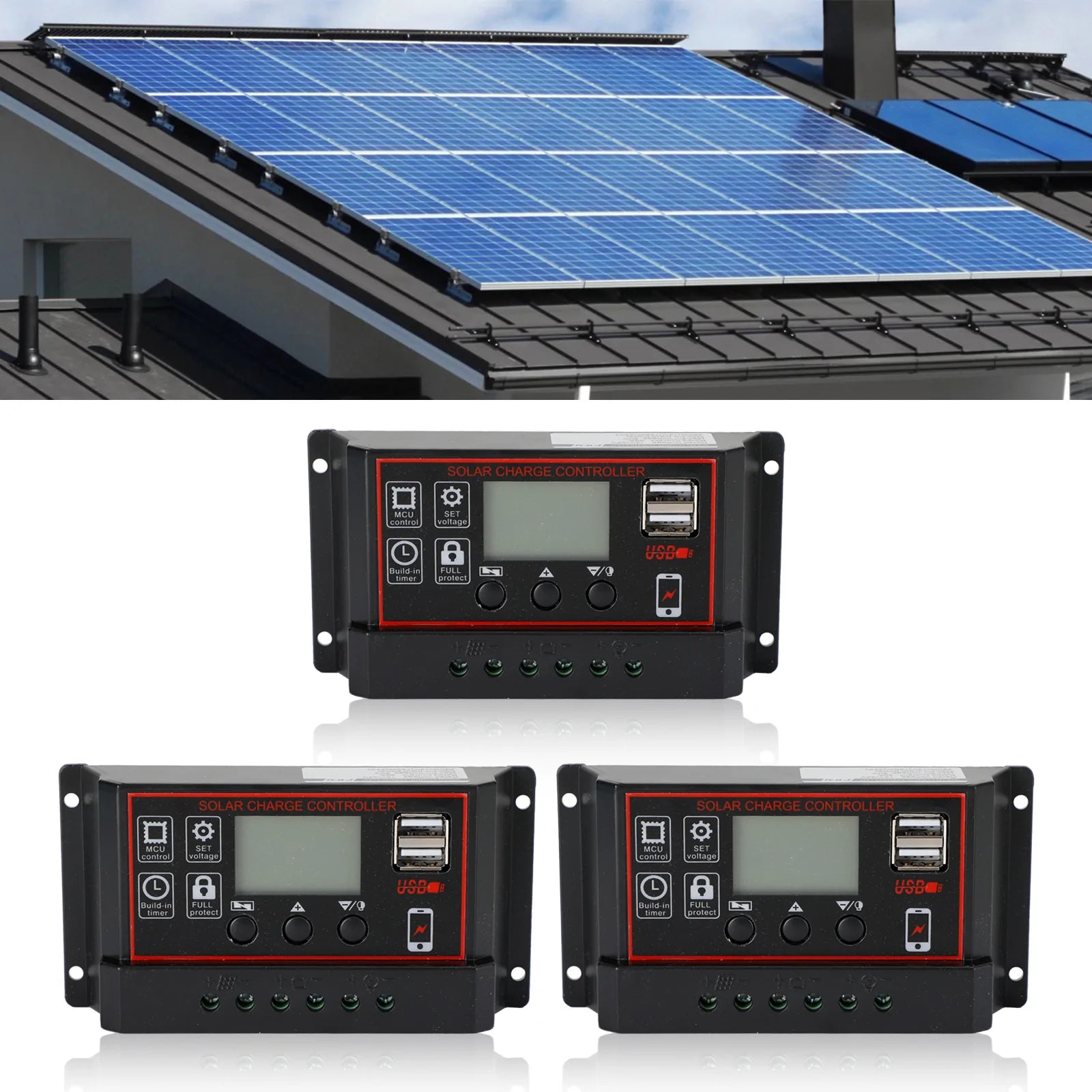 Régulateur de Charge de panneau solaire 10A/20A/30A, PWM LCD, double USB 12V/24V