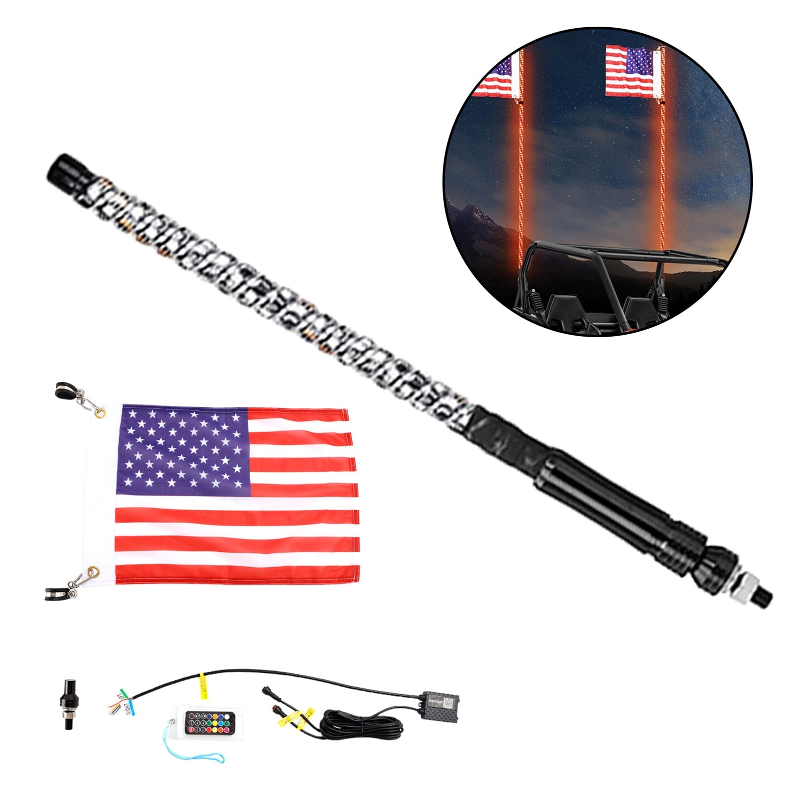 2ft RGB LED APP Whip Lights Antenna W/ Flag Remote Control For Polaris UTV ATV