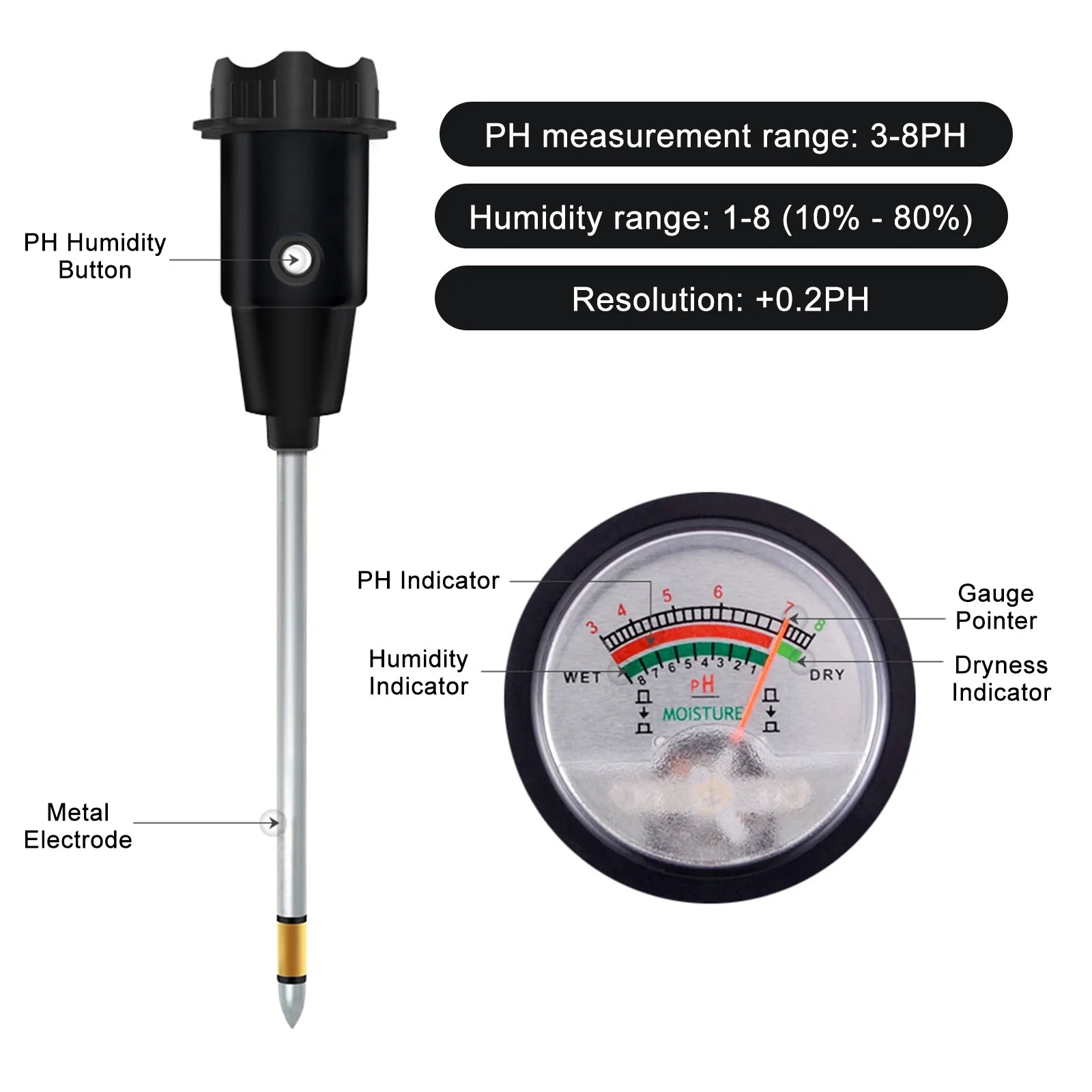 Handheld bodem-PH-tester PH- en vochtmeter met 295 mm lange metalen sonde