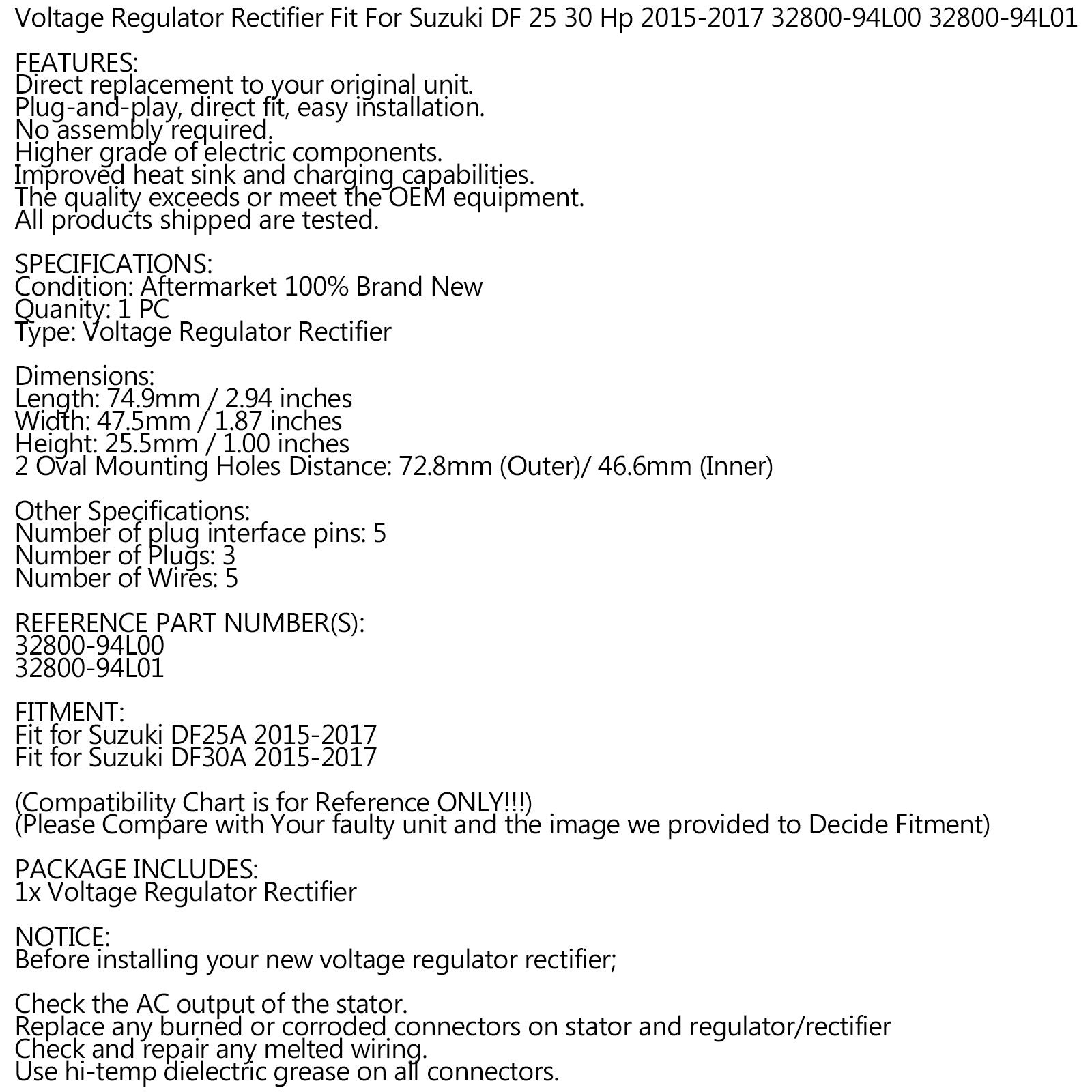 Likeretterregulator passer for Suzuki påhengsmotor DF25A DF30A 2015-2017 32800-94L00