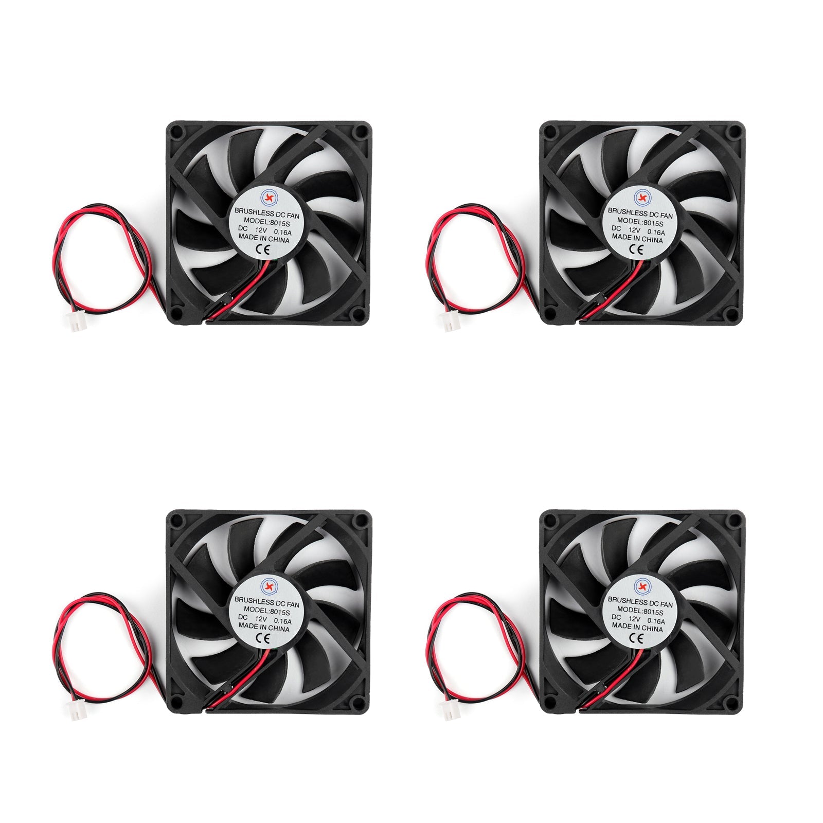 4 stuks DC borstelloze koeling PC computerventilator 12V 8015s 80x80x15mm 0.16A 2-pins draad